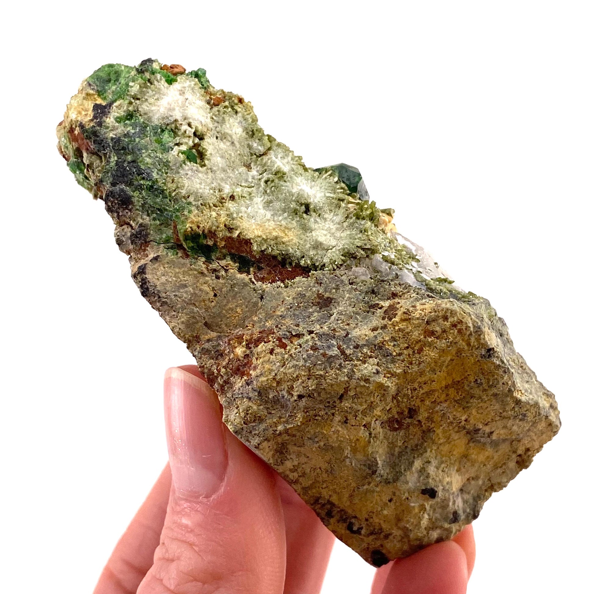 Demantoid Garnet & Diopside on Matrix (BeIqeys Mountain) | green garnet, rare minerals, demantoid garnet crystal, mineral specimen