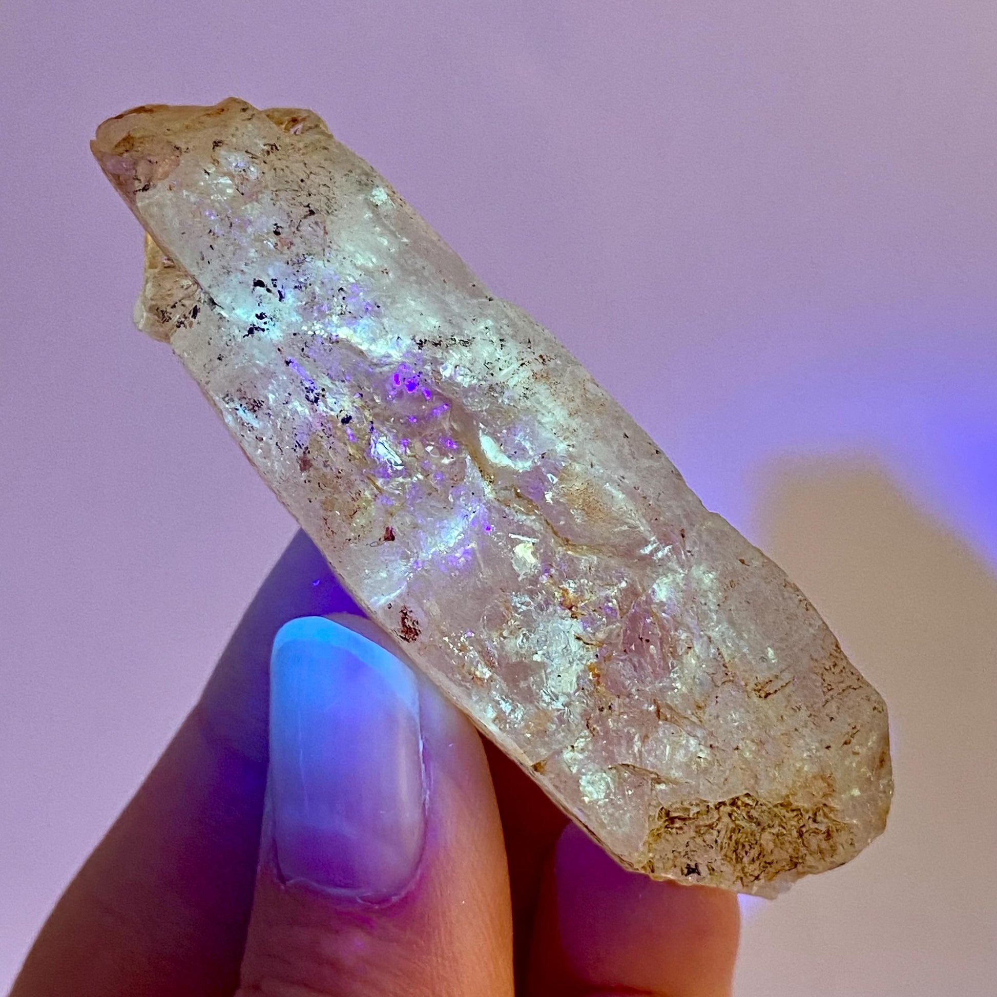 UV Reactive Petroleum Quartz Point (Madagascar) | natural petroleum quartz crystal, UV reactive crystal, enhydro quartz, firefly quartz