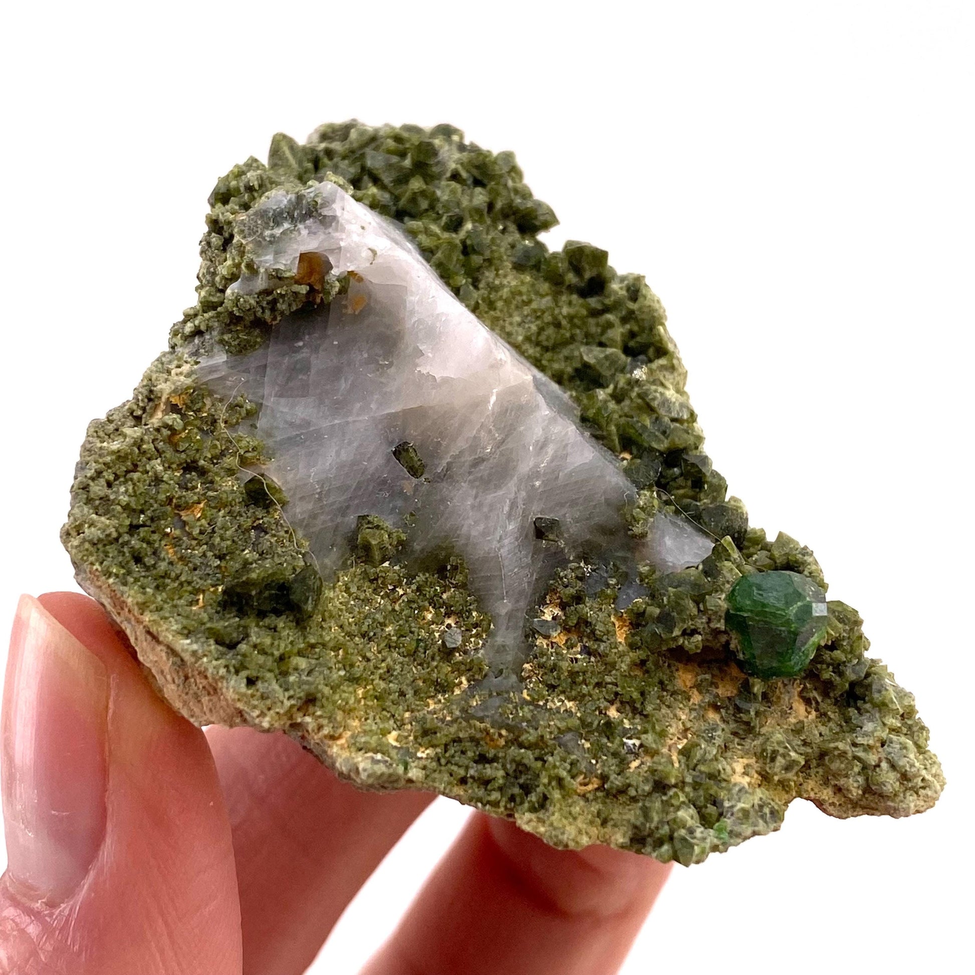 Demantoid Garnet & Diopside on Matrix (BeIqeys Mountain) | green garnet, rare minerals, demantoid garnet crystal, mineral specimen