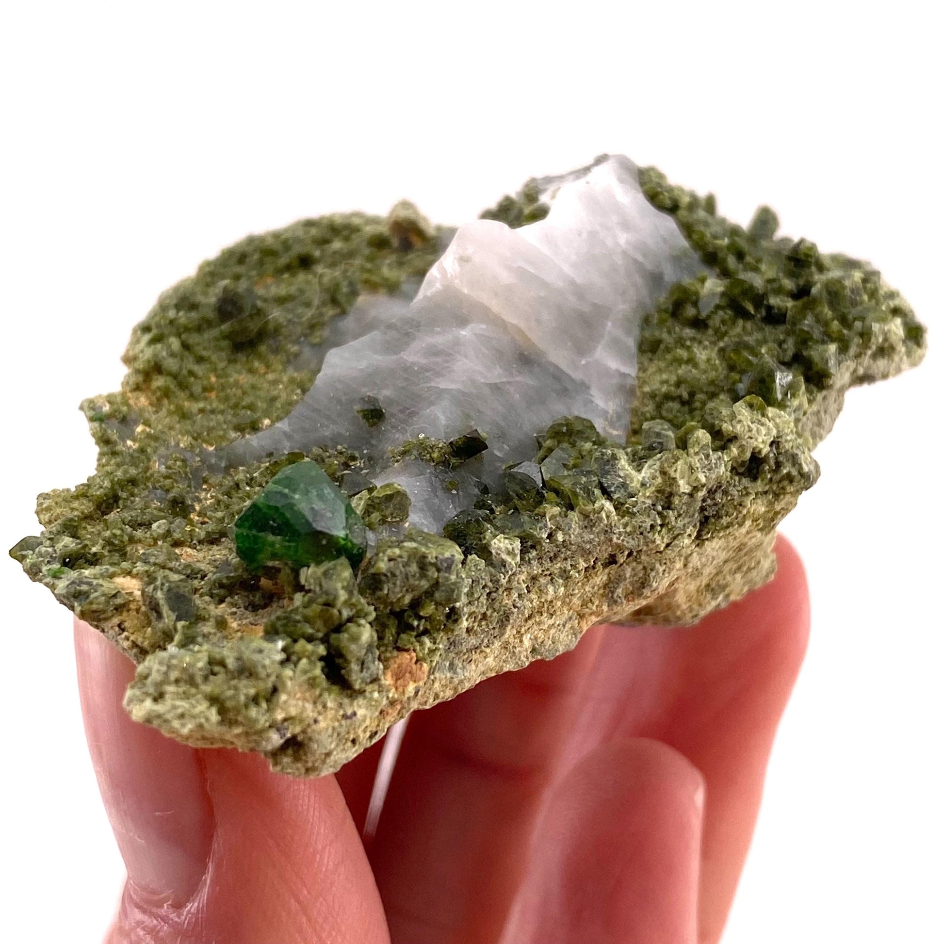 Demantoid Garnet & Diopside on Matrix (BeIqeys Mountain) | green garnet, rare minerals, demantoid garnet crystal, mineral specimen