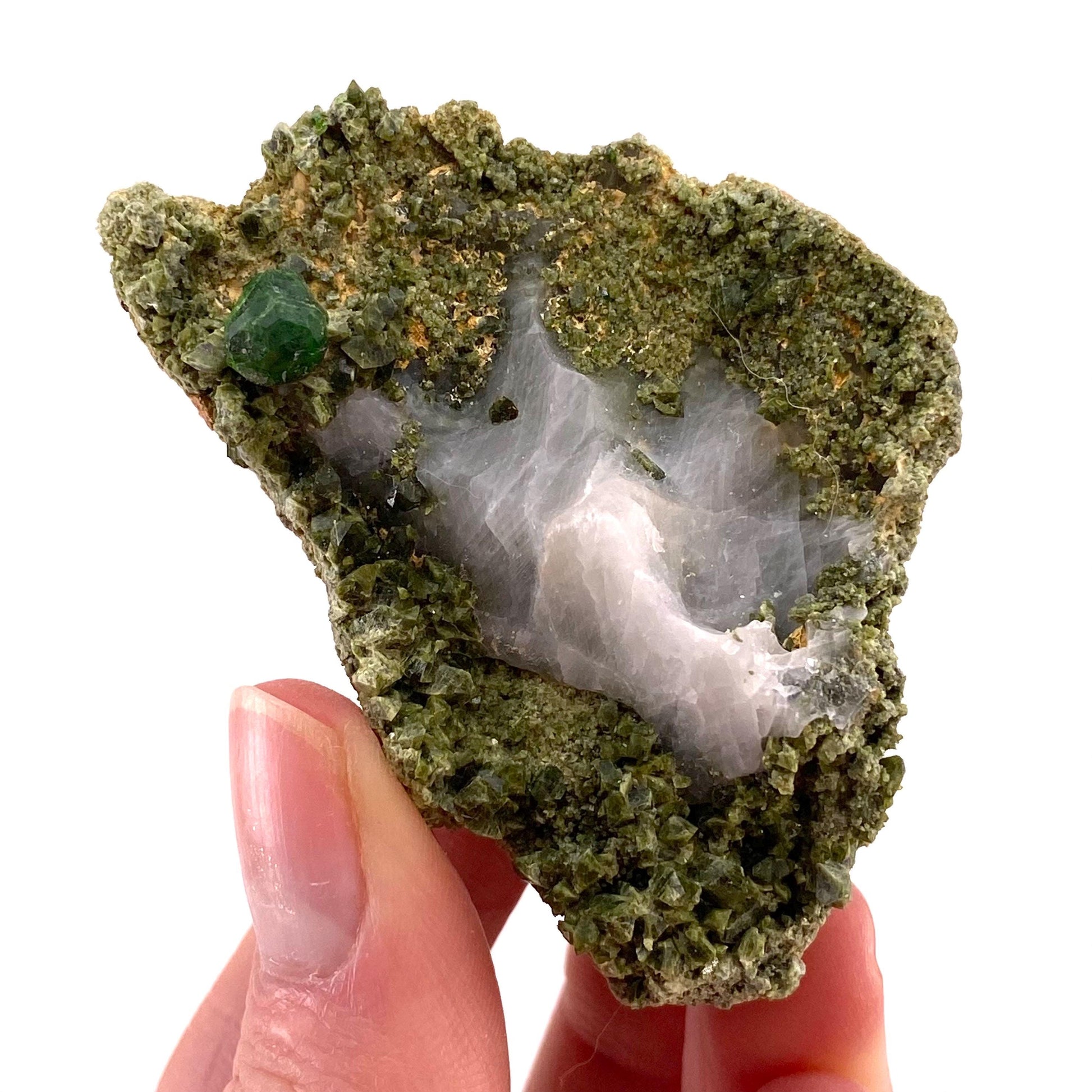 Demantoid Garnet & Diopside on Matrix (BeIqeys Mountain) | green garnet, rare minerals, demantoid garnet crystal, mineral specimen