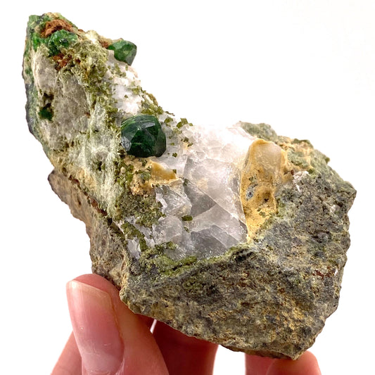 Demantoid Garnet & Diopside on Matrix (BeIqeys Mountain) | green garnet, rare minerals, demantoid garnet crystal, mineral specimen
