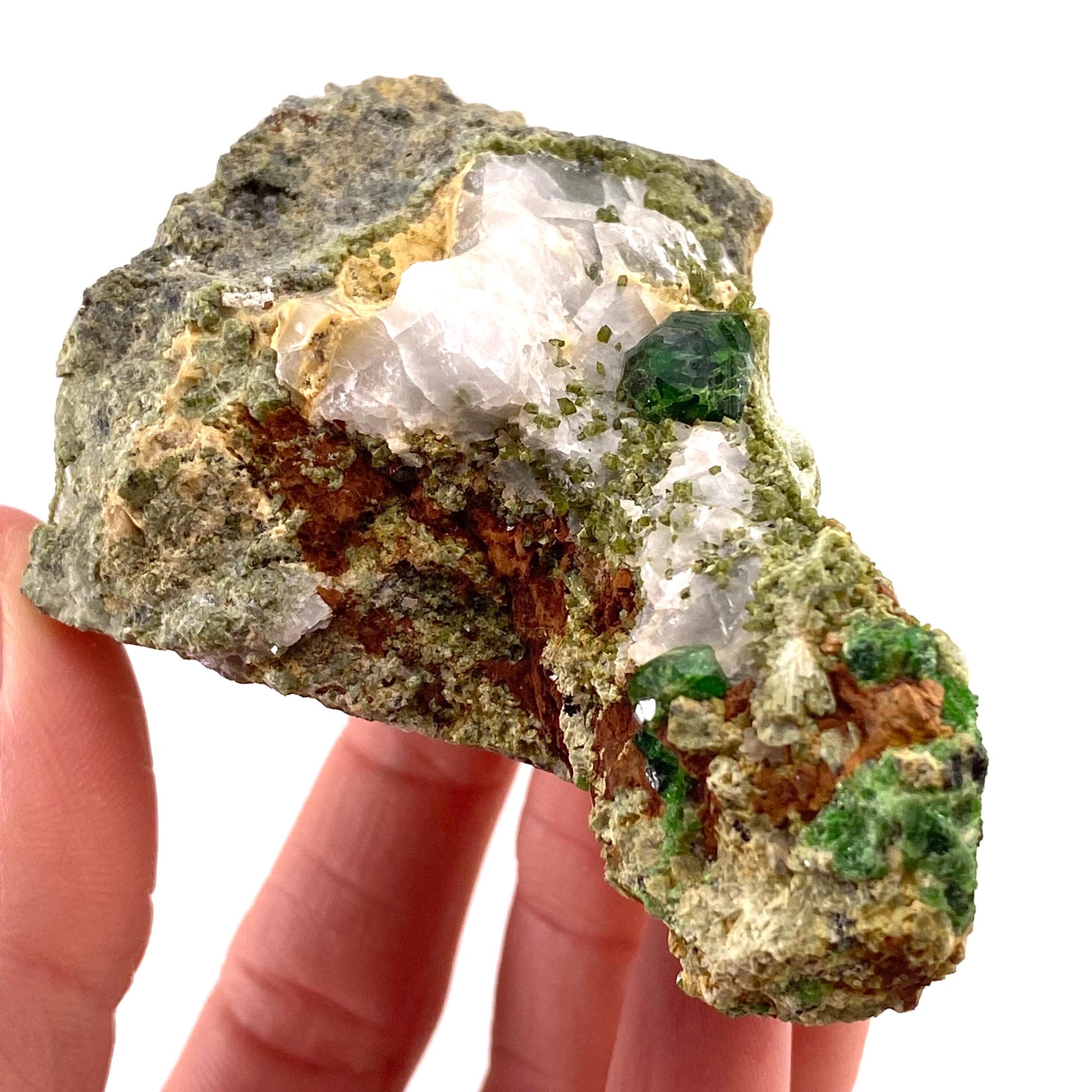Demantoid Garnet & Diopside on Matrix (BeIqeys Mountain) | green garnet, rare minerals, demantoid garnet crystal, mineral specimen