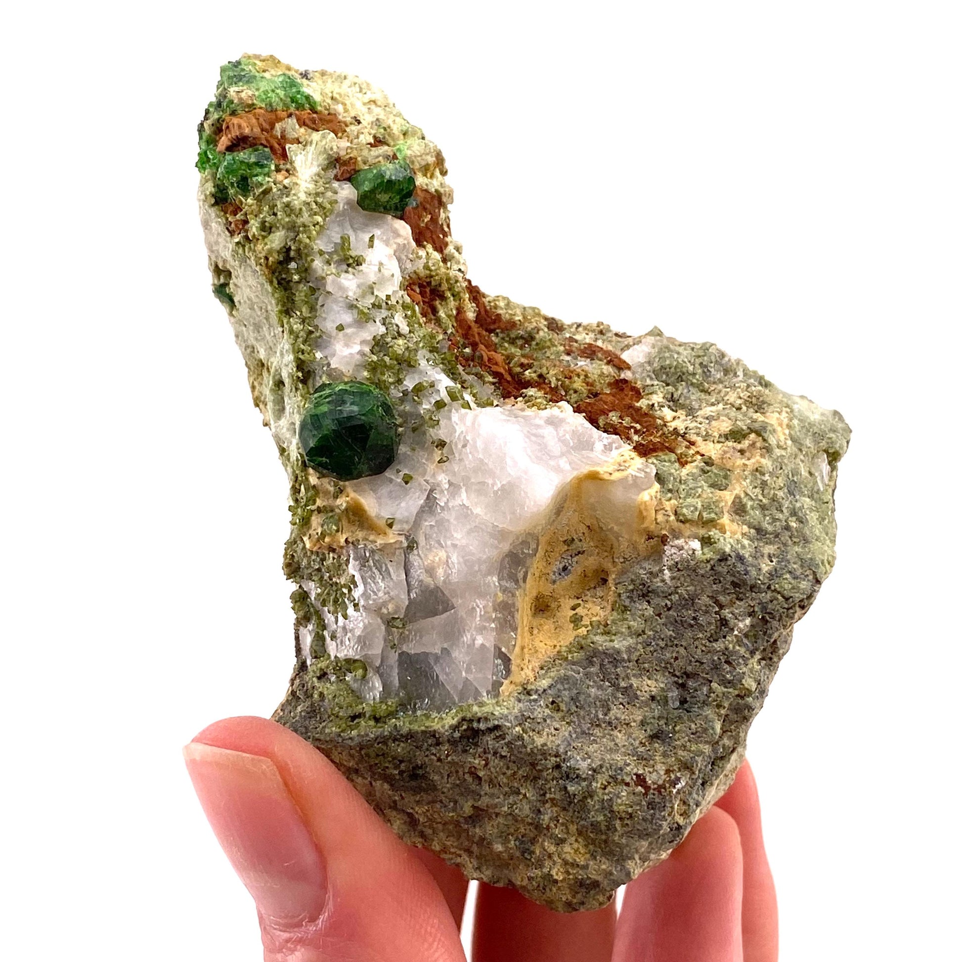 Demantoid Garnet & Diopside on Matrix (BeIqeys Mountain) | green garnet, rare minerals, demantoid garnet crystal, mineral specimen