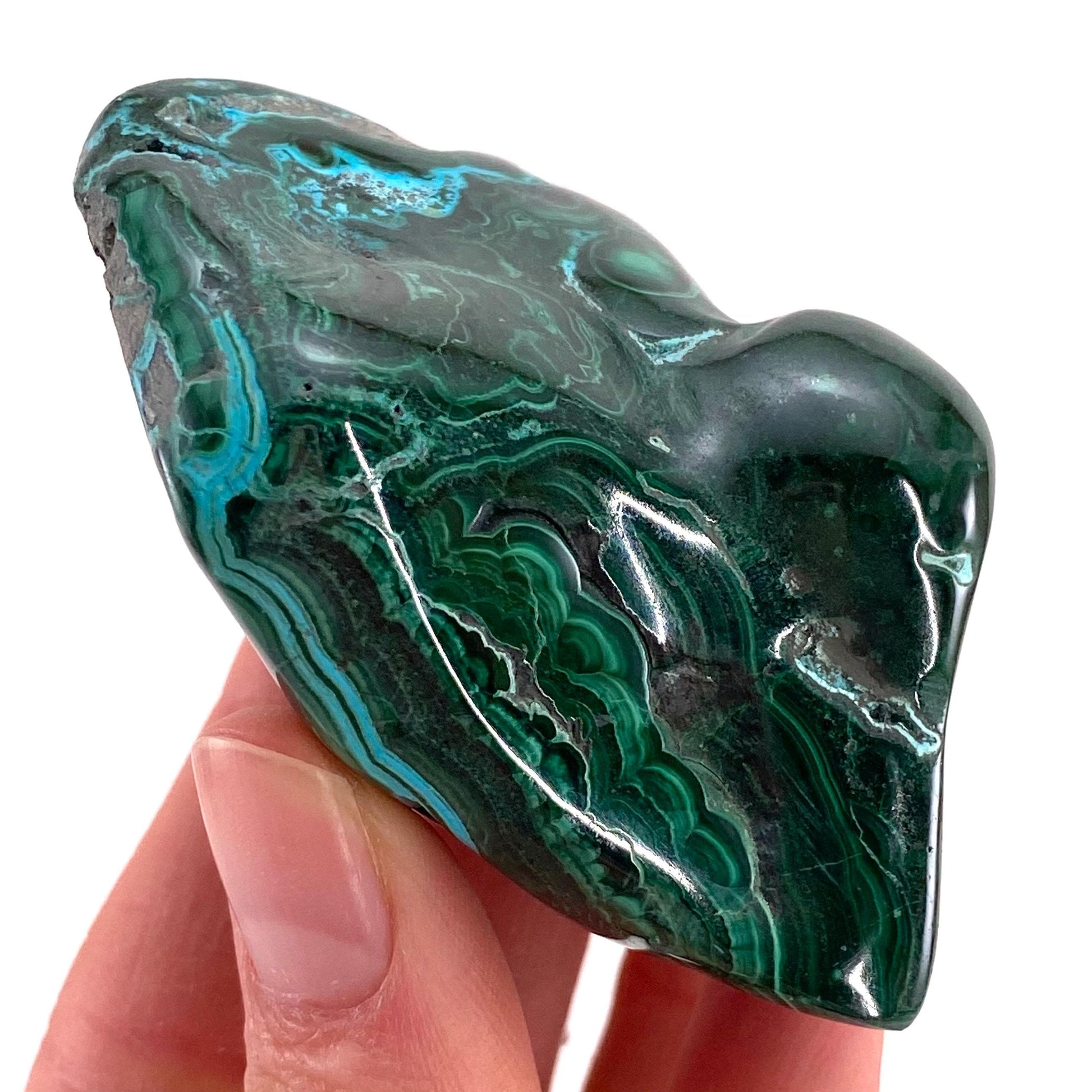 Polished Chrysocolla in Malachite Specimen (Congo), natural malachite, malachite freeform, malachite, polished chrysocolla