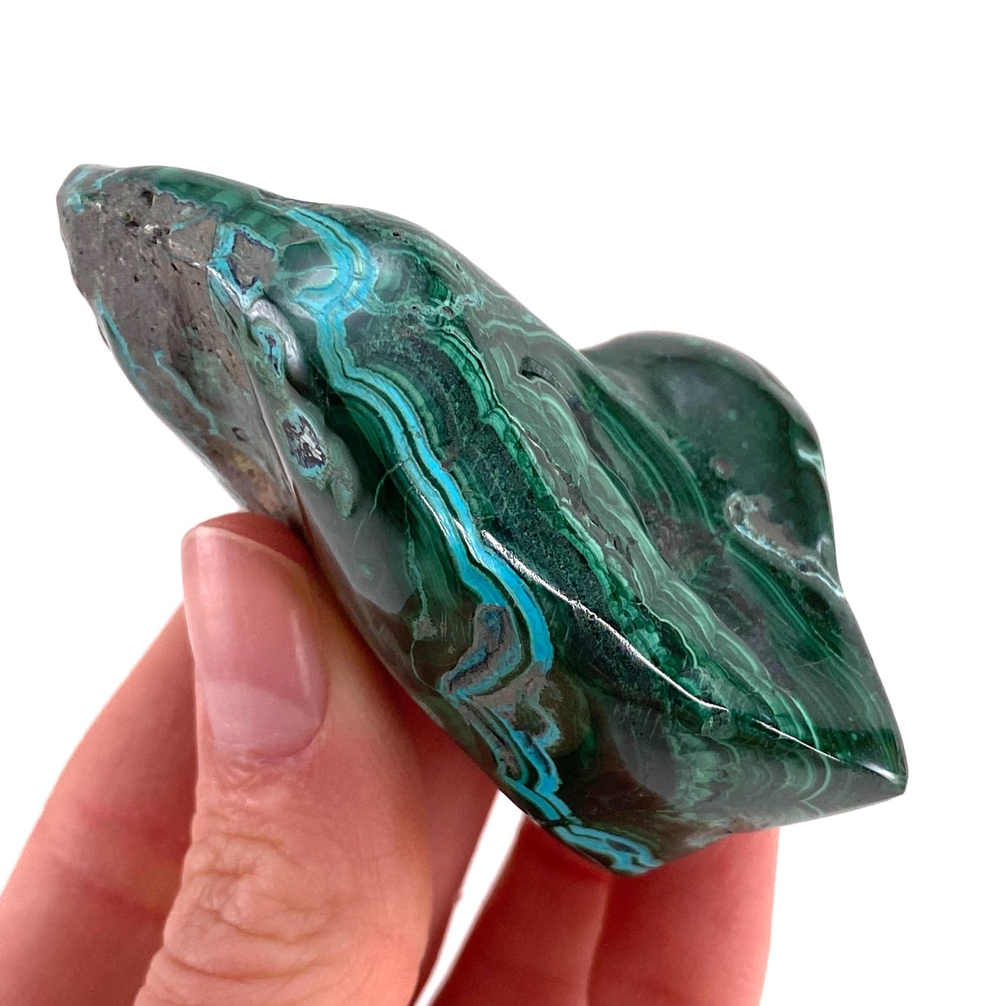 Polished Chrysocolla in Malachite Specimen (Congo), natural malachite, malachite freeform, malachite, polished chrysocolla