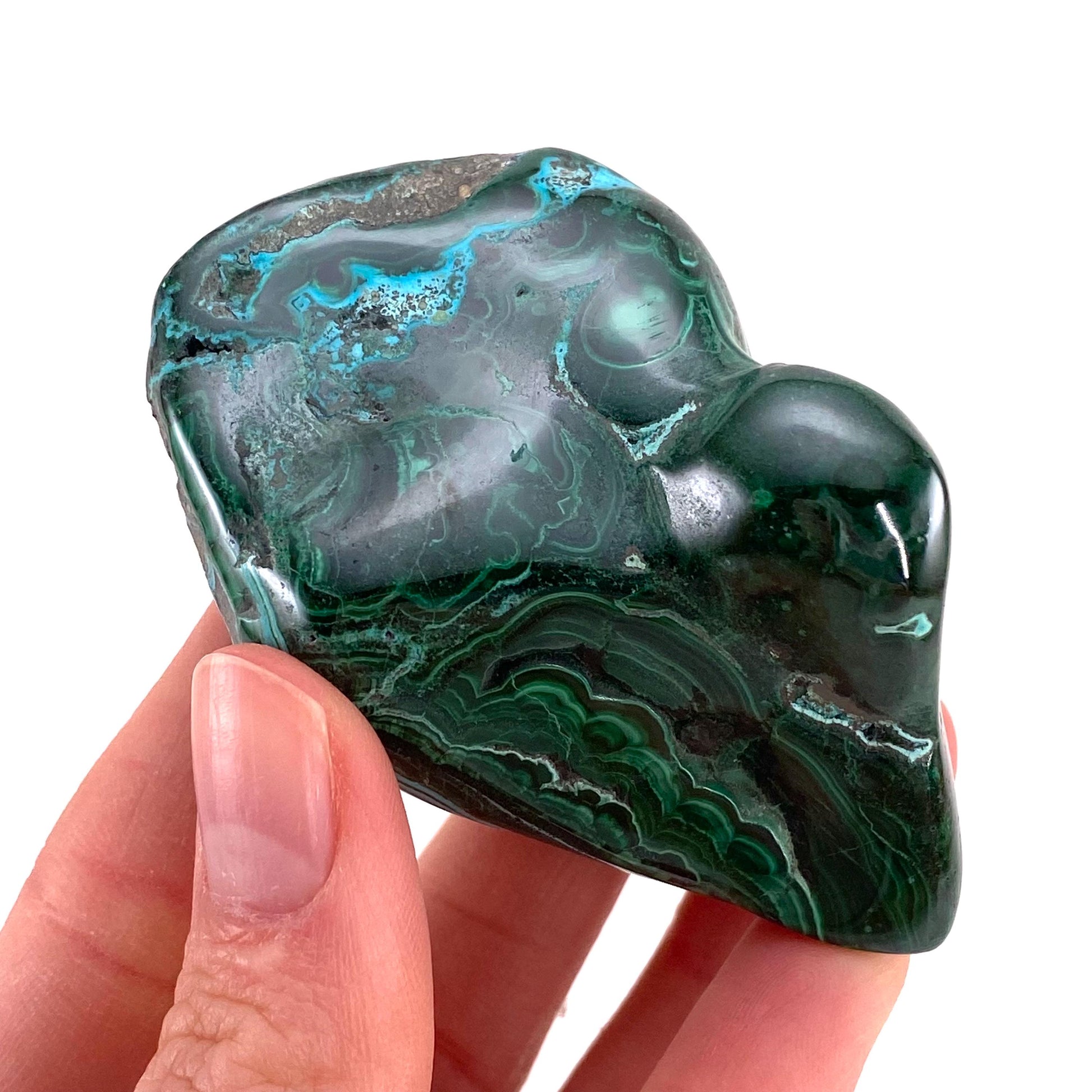 Polished Chrysocolla in Malachite Specimen (Congo), natural malachite, malachite freeform, malachite, polished chrysocolla