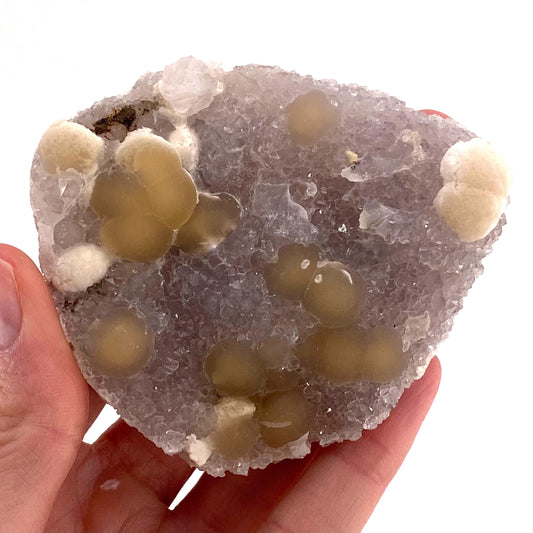 Botryoidal Fluorite on Quartz (India) | fried egg crystal, egg fluorite, fluorite crystal, mineral specimen, yellow fluorite