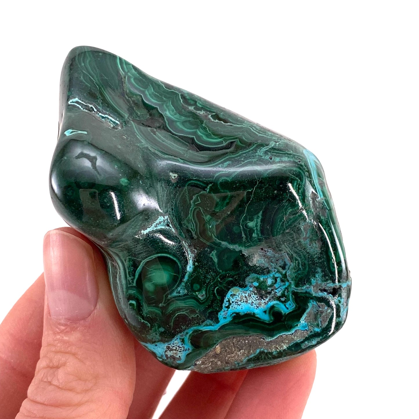 Polished Chrysocolla in Malachite Specimen (Congo), natural malachite, malachite freeform, malachite, polished chrysocolla