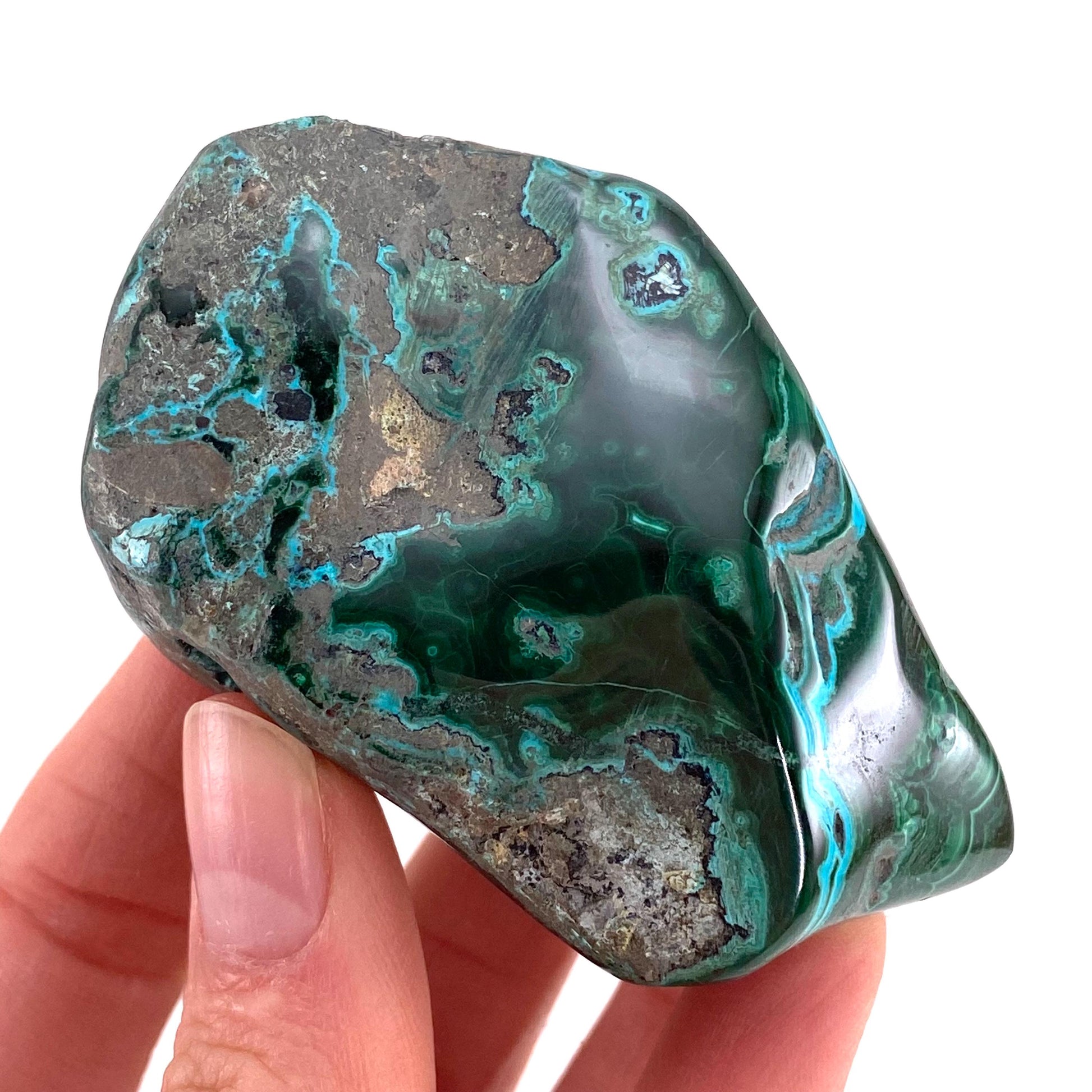 Polished Chrysocolla in Malachite Specimen (Congo), natural malachite, malachite freeform, malachite, polished chrysocolla