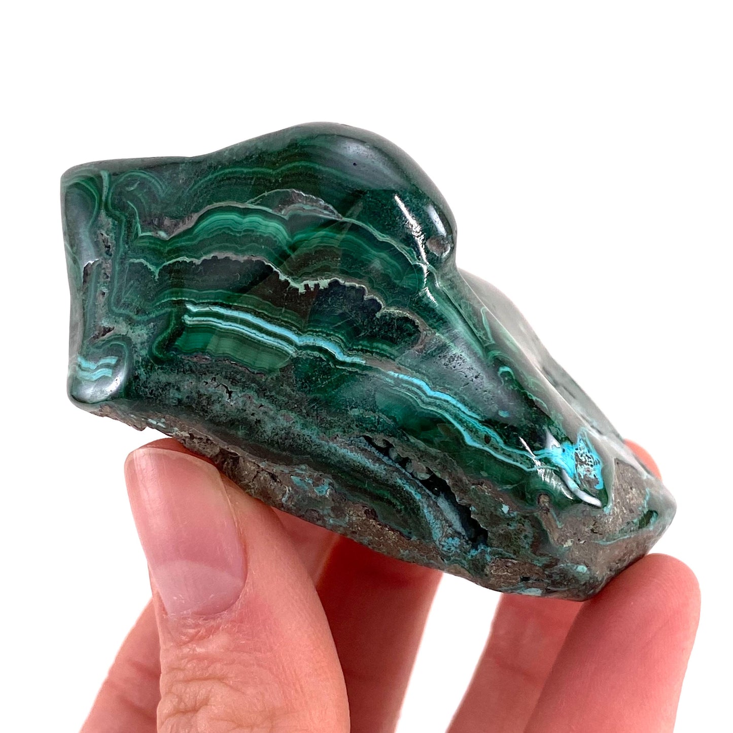 Polished Chrysocolla in Malachite Specimen (Congo), natural malachite, malachite freeform, malachite, polished chrysocolla