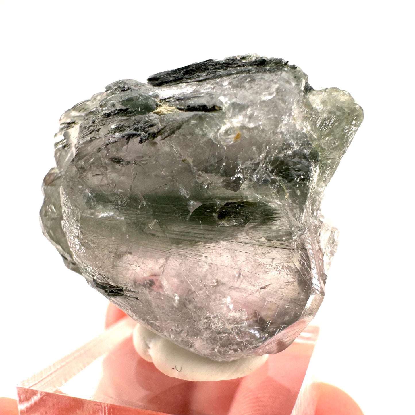 Fluorapatite with Actinolite Inclusions (Pakistan), natural green apatite, terminated apatite crystal, mineral specimen, rare gems