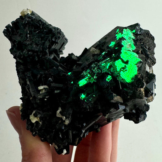 Hyalite Opal & Fluorite on Black Tourmaline (Namibia), UV reactive hyalite opal, quartz crystal, rare minerals, fluorescent crystal