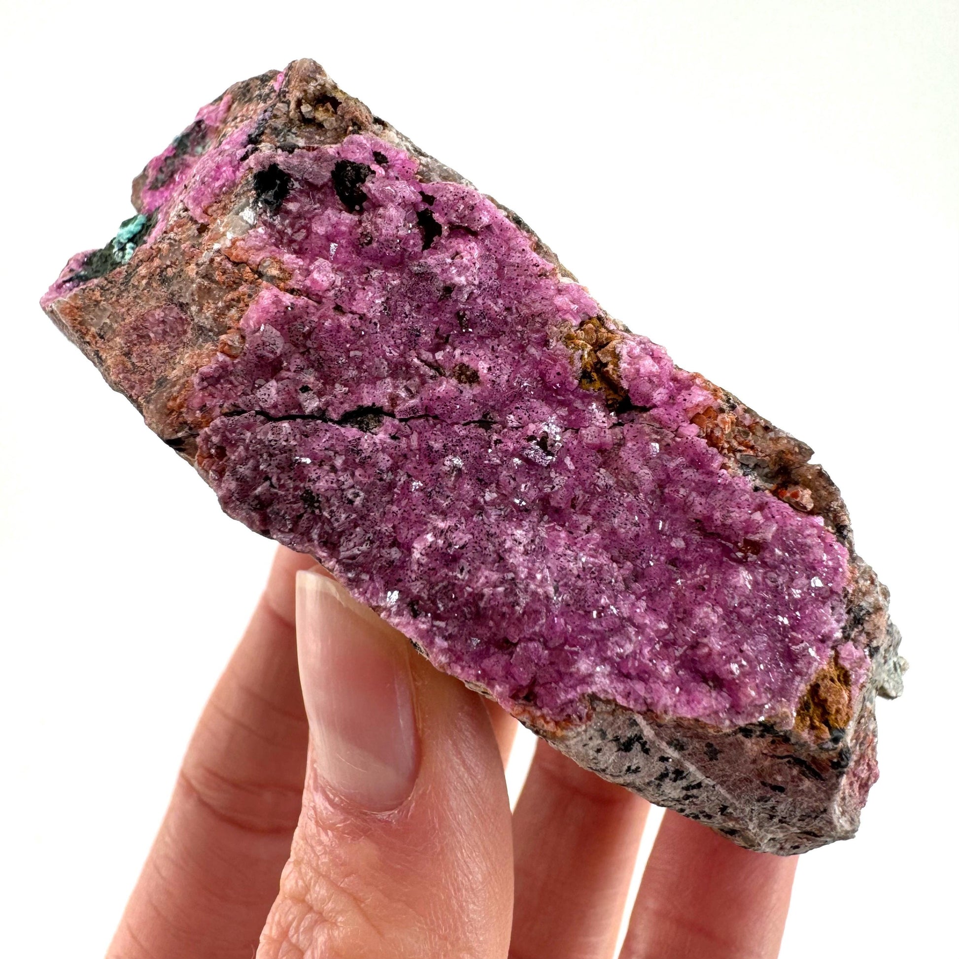 Sparkly Cobalto Calcite with Heterogenite & Malachite Specimen (Congo), cobalto calcite, cobaltoan calcite, salrose