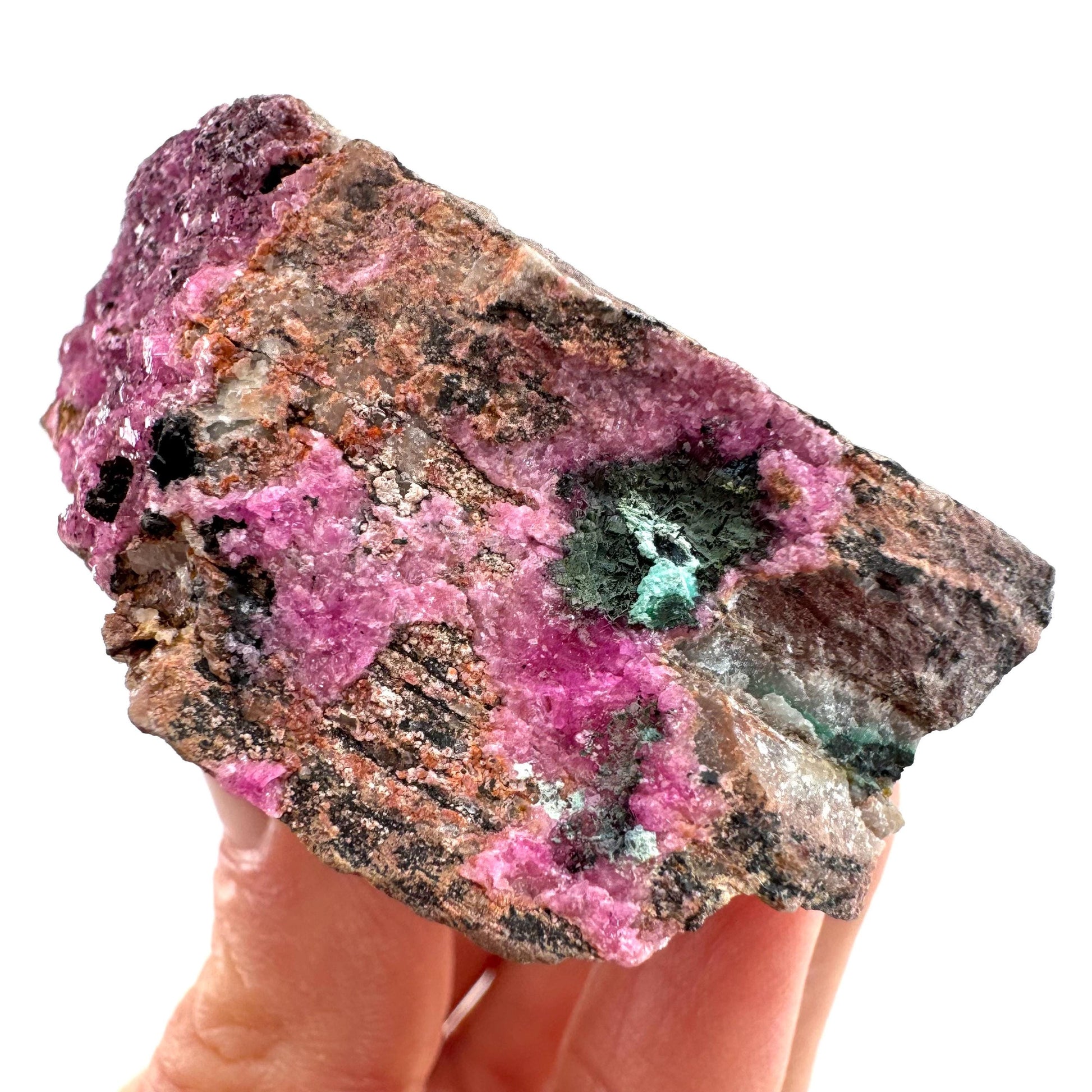 Sparkly Cobalto Calcite with Heterogenite & Malachite Specimen (Congo), cobalto calcite, cobaltoan calcite, salrose