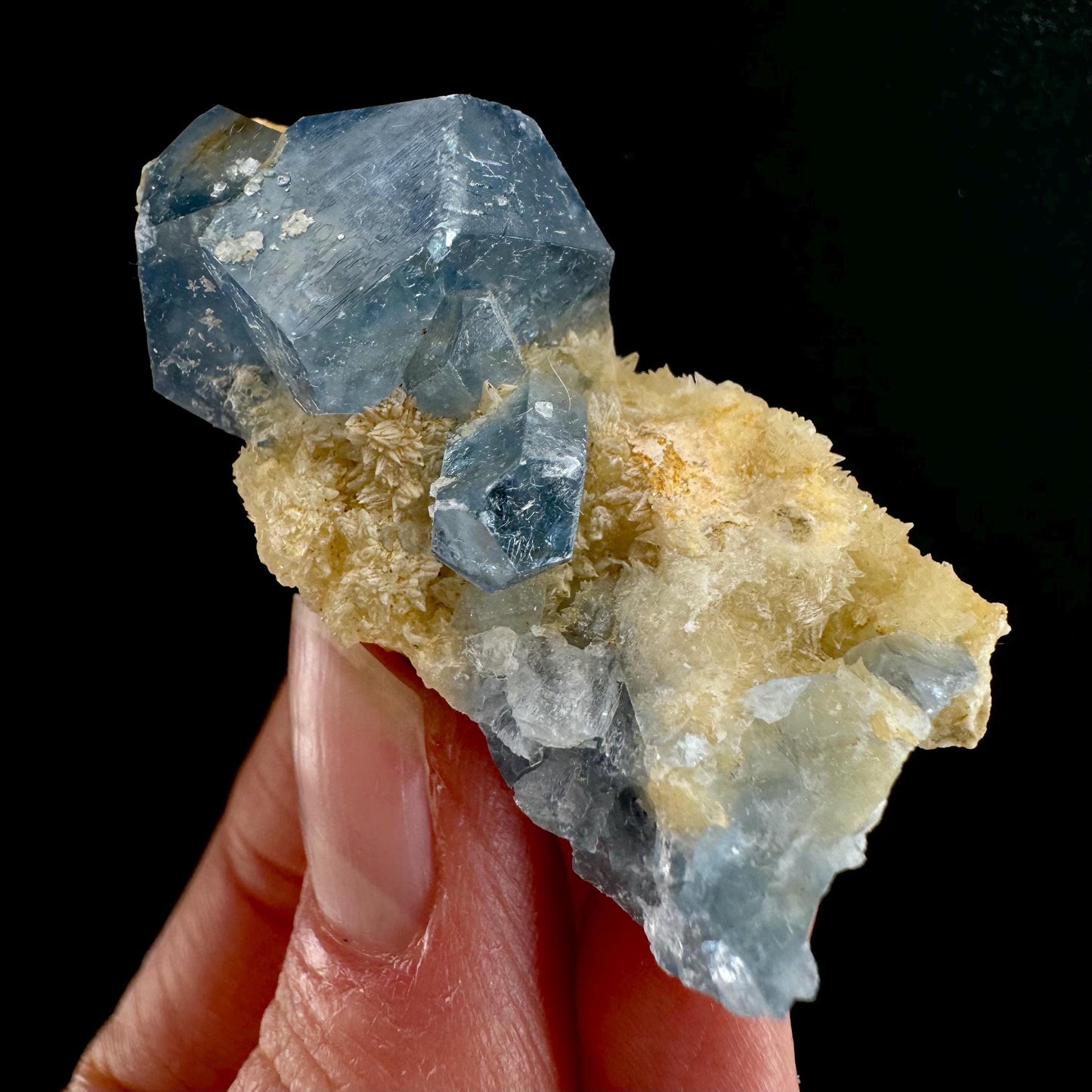Blue Celestite on Calcite (Afghanistan), terminated celestite cluster, dark blue celestite, mineral specimen, natural celestite