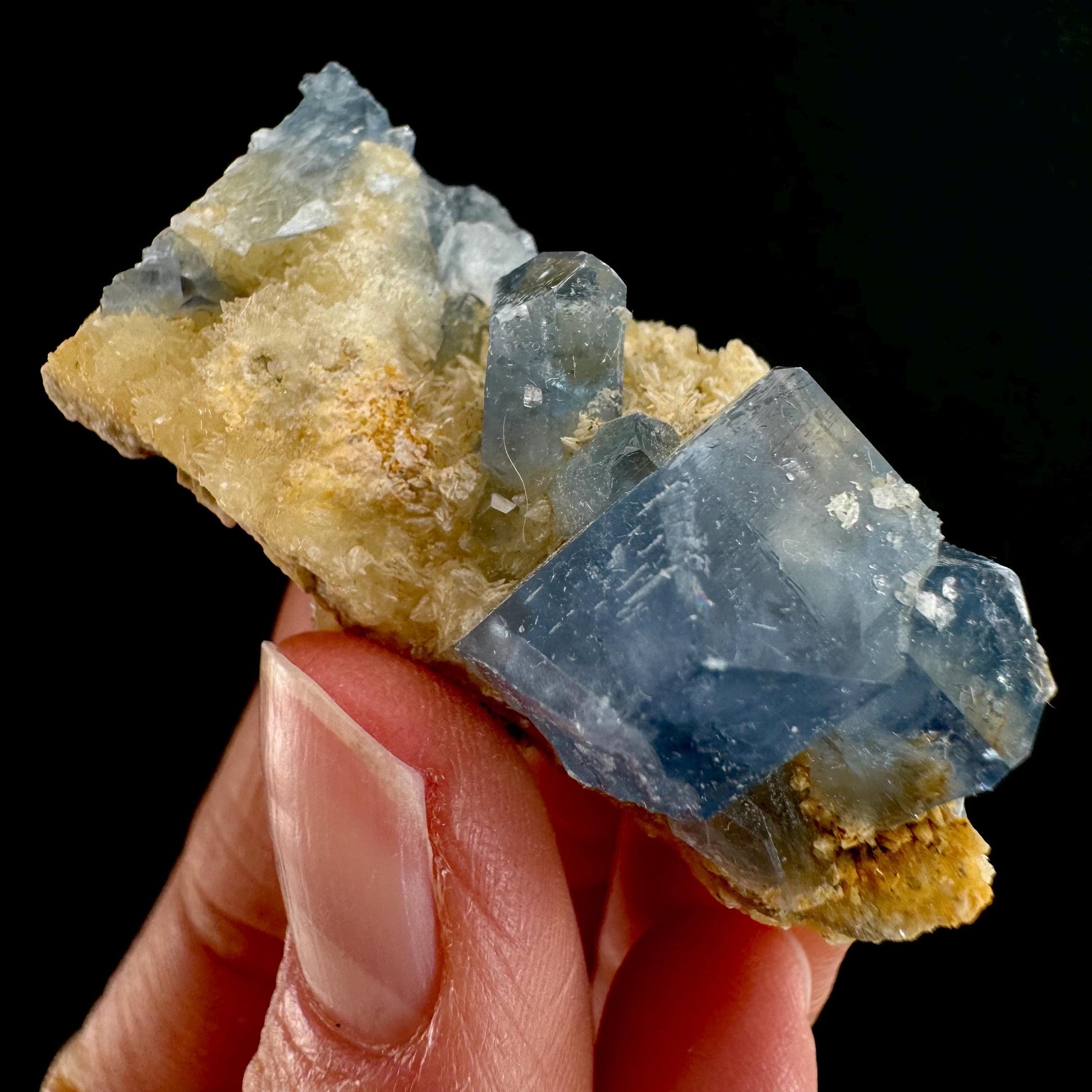 Blue Celestite on Calcite (Afghanistan), terminated celestite cluster, dark blue celestite, mineral specimen, natural celestite
