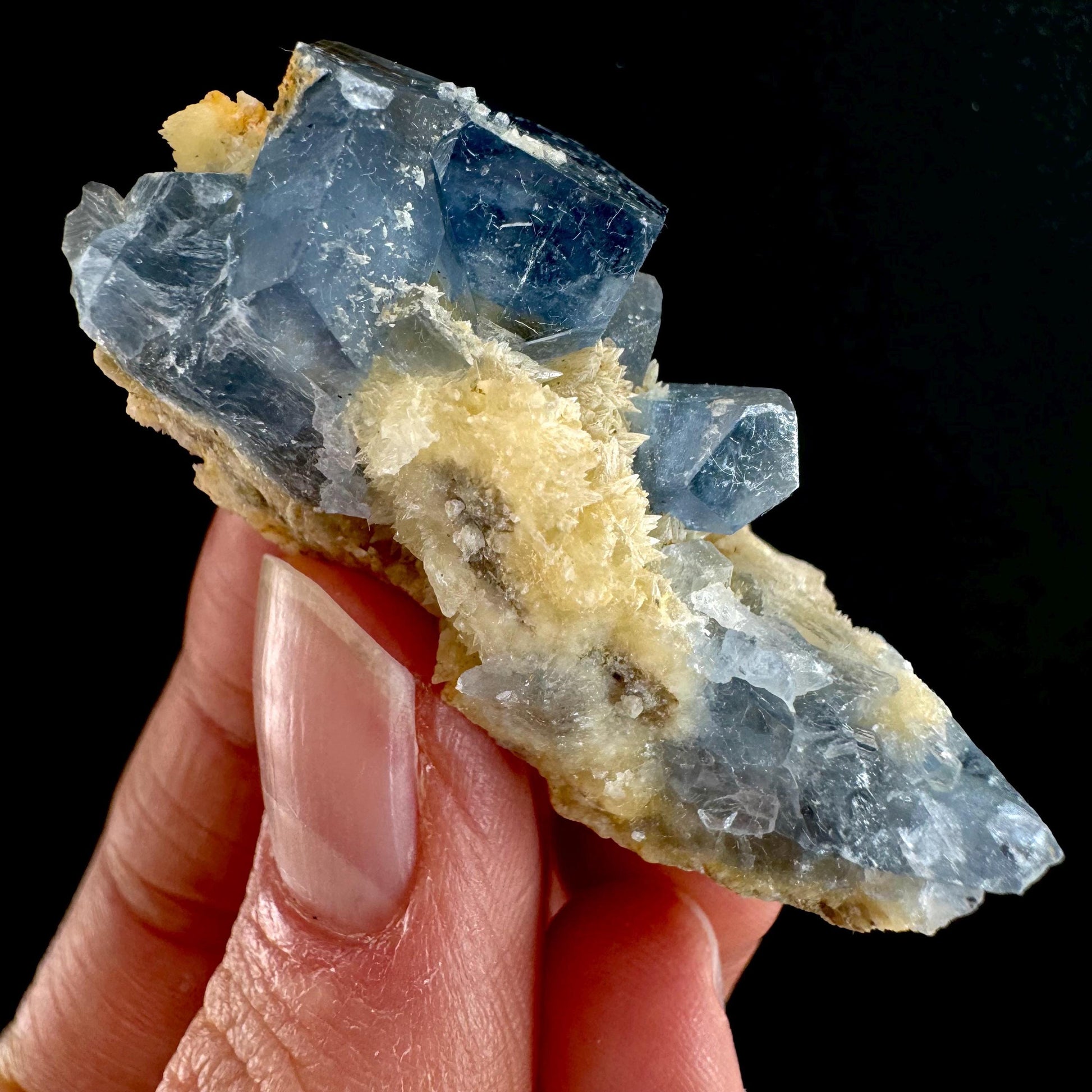 Blue Celestite on Calcite (Afghanistan), terminated celestite cluster, dark blue celestite, mineral specimen, natural celestite