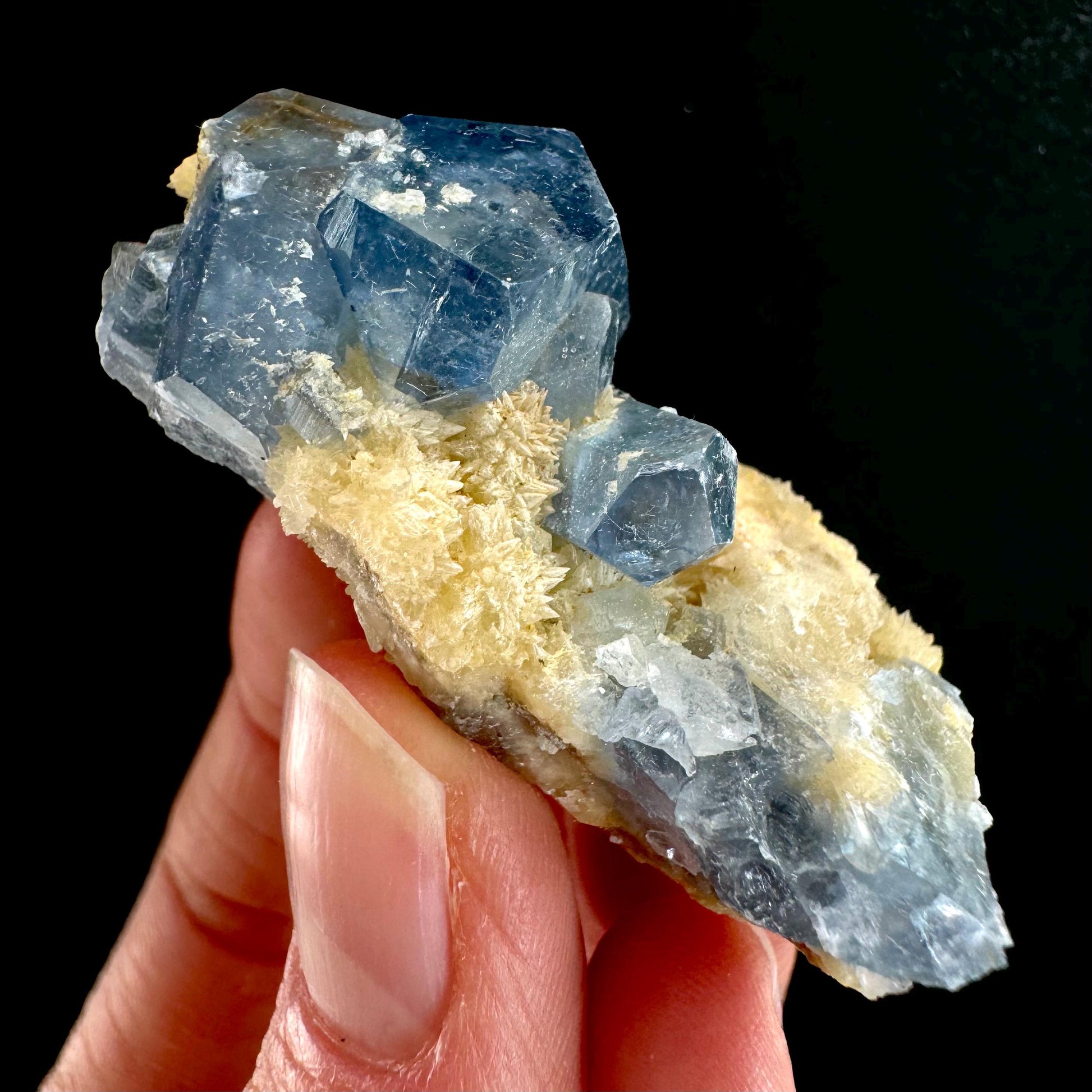 Blue Celestite on Calcite (Afghanistan), terminated celestite cluster, dark blue celestite, mineral specimen, natural celestite