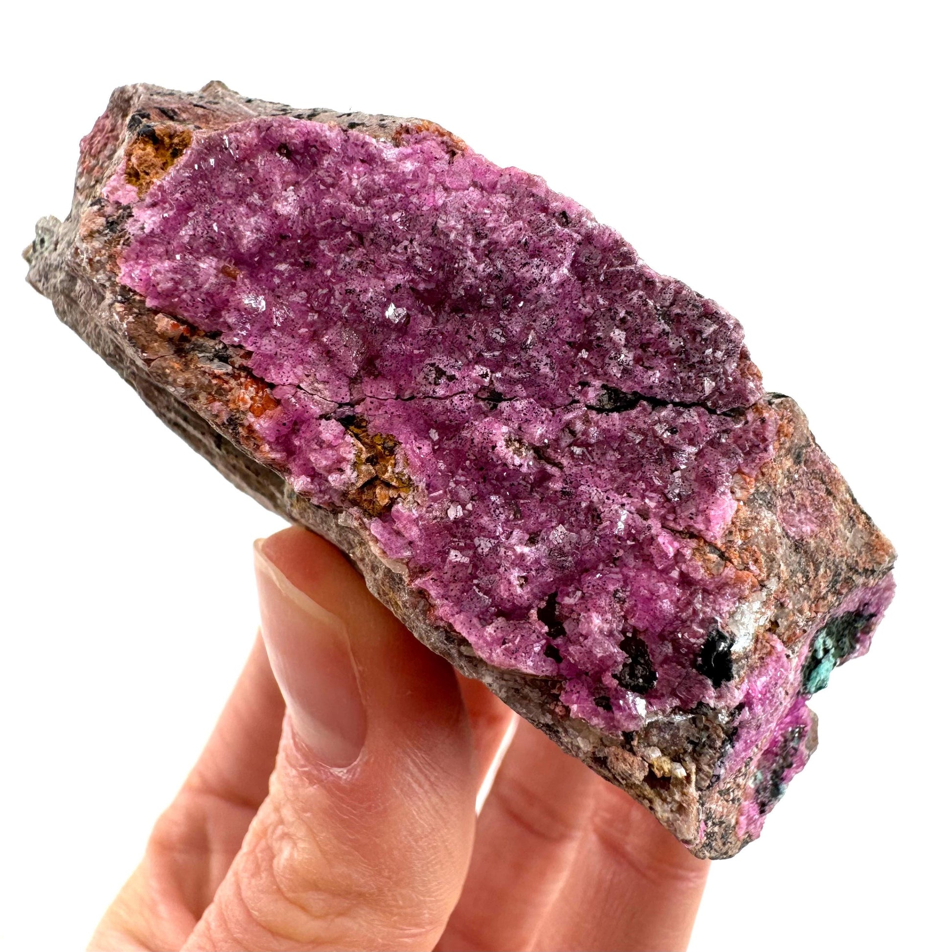 Sparkly Cobalto Calcite with Heterogenite & Malachite Specimen (Congo), cobalto calcite, cobaltoan calcite, salrose