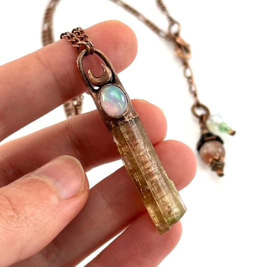 Watermelon Tourmaline & Garnet necklace, tourmaline pendant, copper necklace, crystal necklace