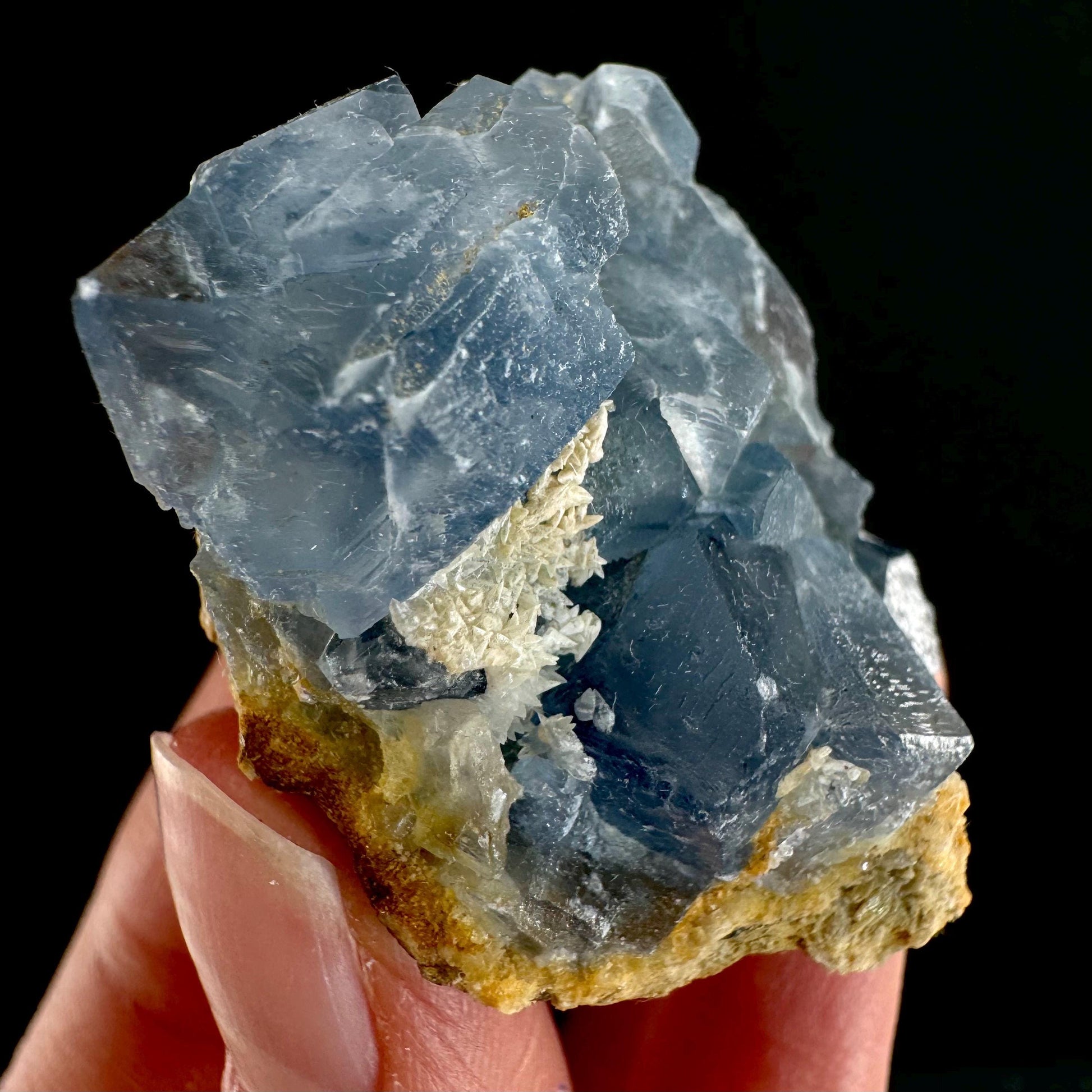 Blue Celestite on Calcite (Afghanistan), terminated celestite cluster, dark blue celestite, mineral specimen, natural celestite