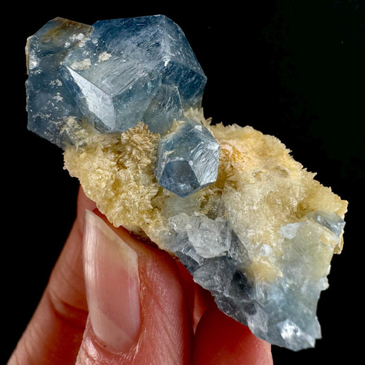Blue Celestite on Calcite (Afghanistan), terminated celestite cluster, dark blue celestite, mineral specimen, natural celestite