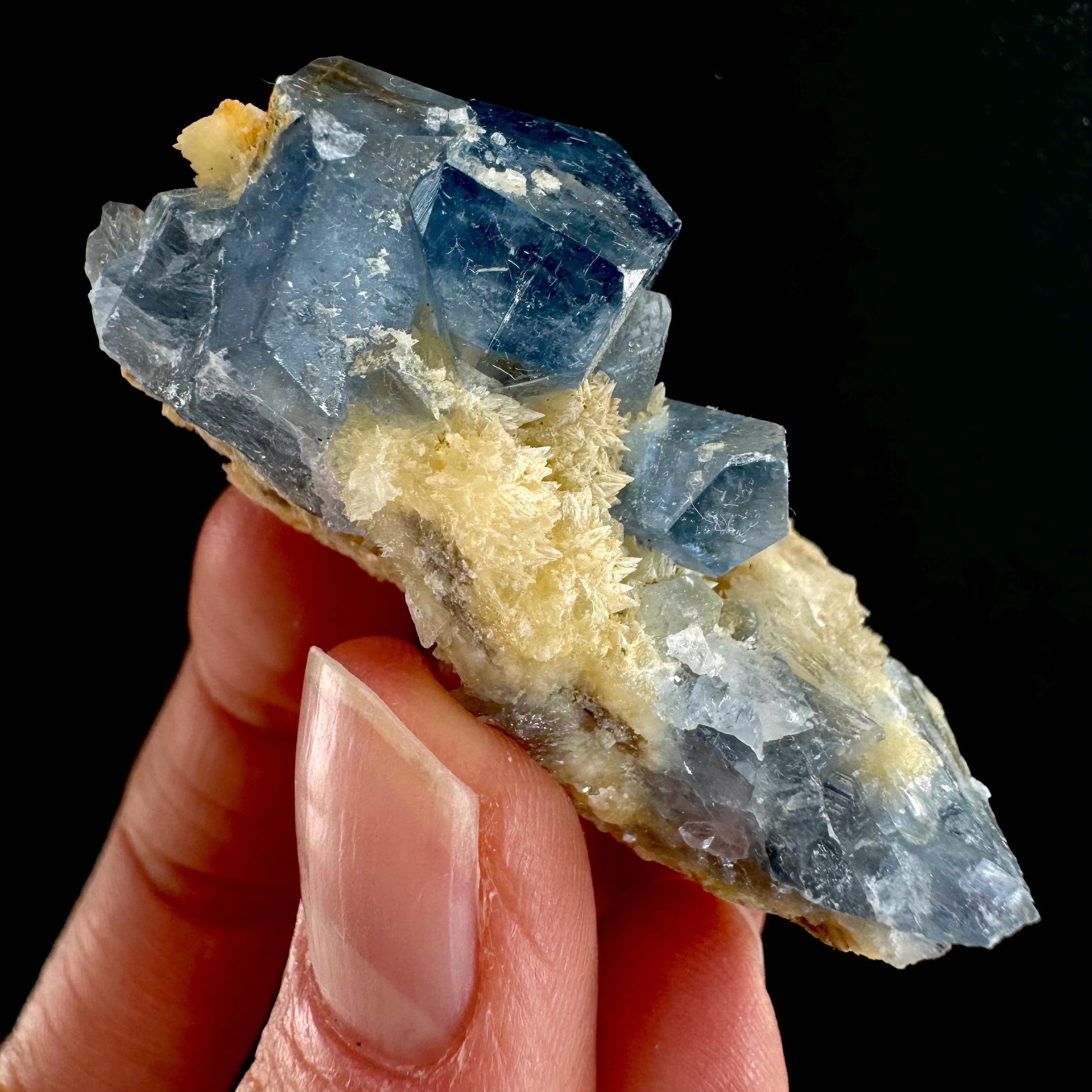 Blue Celestite on Calcite (Afghanistan), terminated celestite cluster, dark blue celestite, mineral specimen, natural celestite
