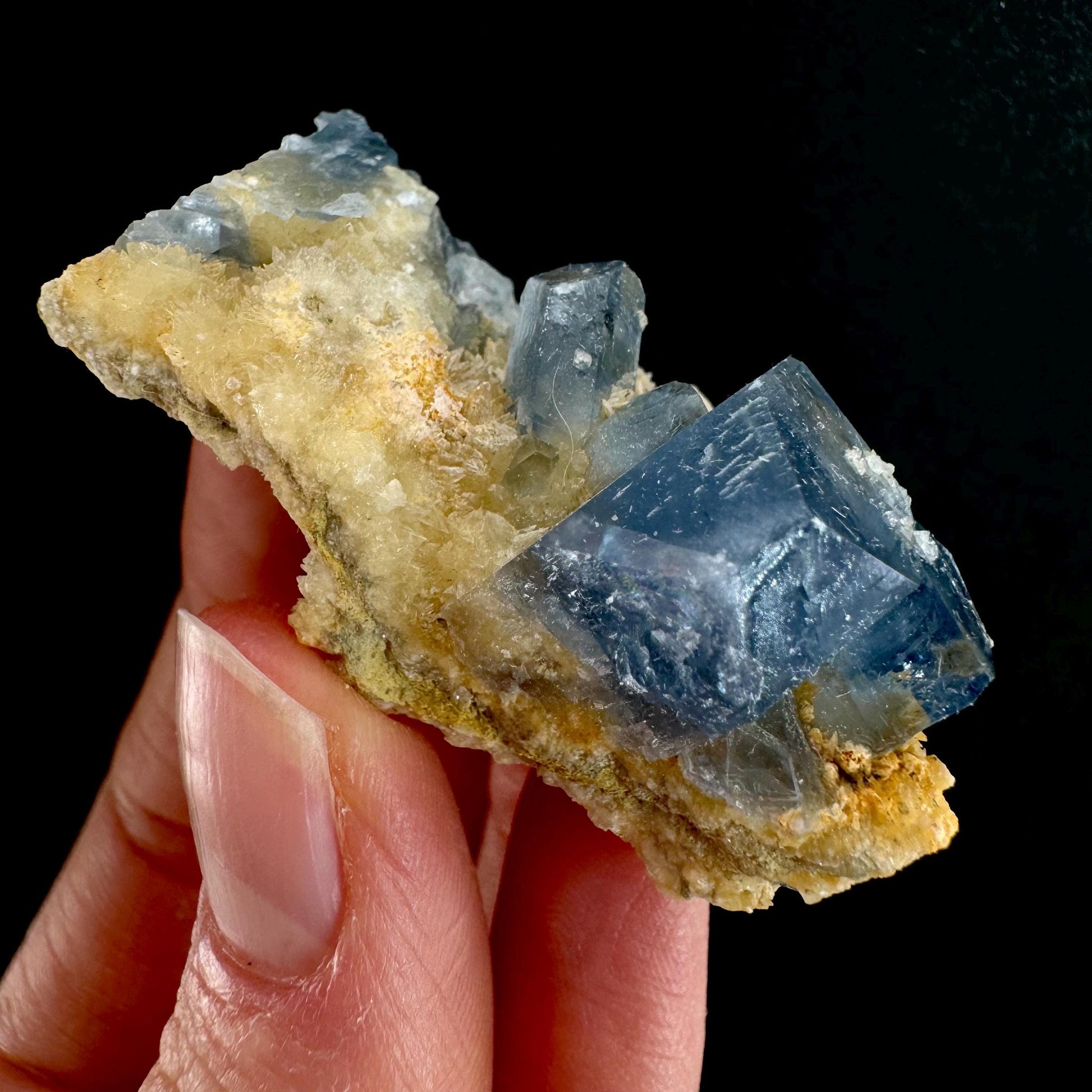 Blue Celestite on Calcite (Afghanistan), terminated celestite cluster, dark blue celestite, mineral specimen, natural celestite