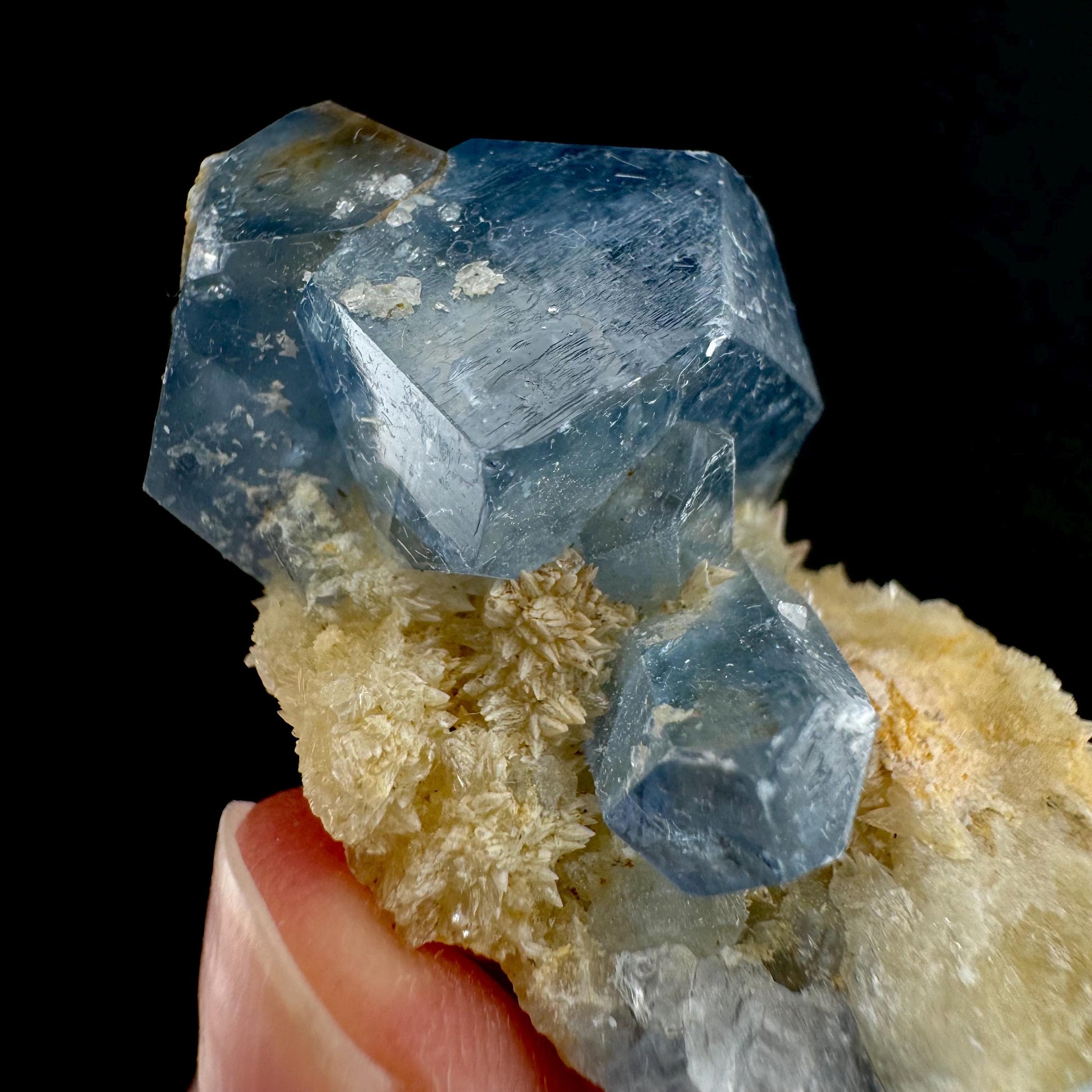 Blue Celestite on Calcite (Afghanistan), terminated celestite cluster, dark blue celestite, mineral specimen, natural celestite
