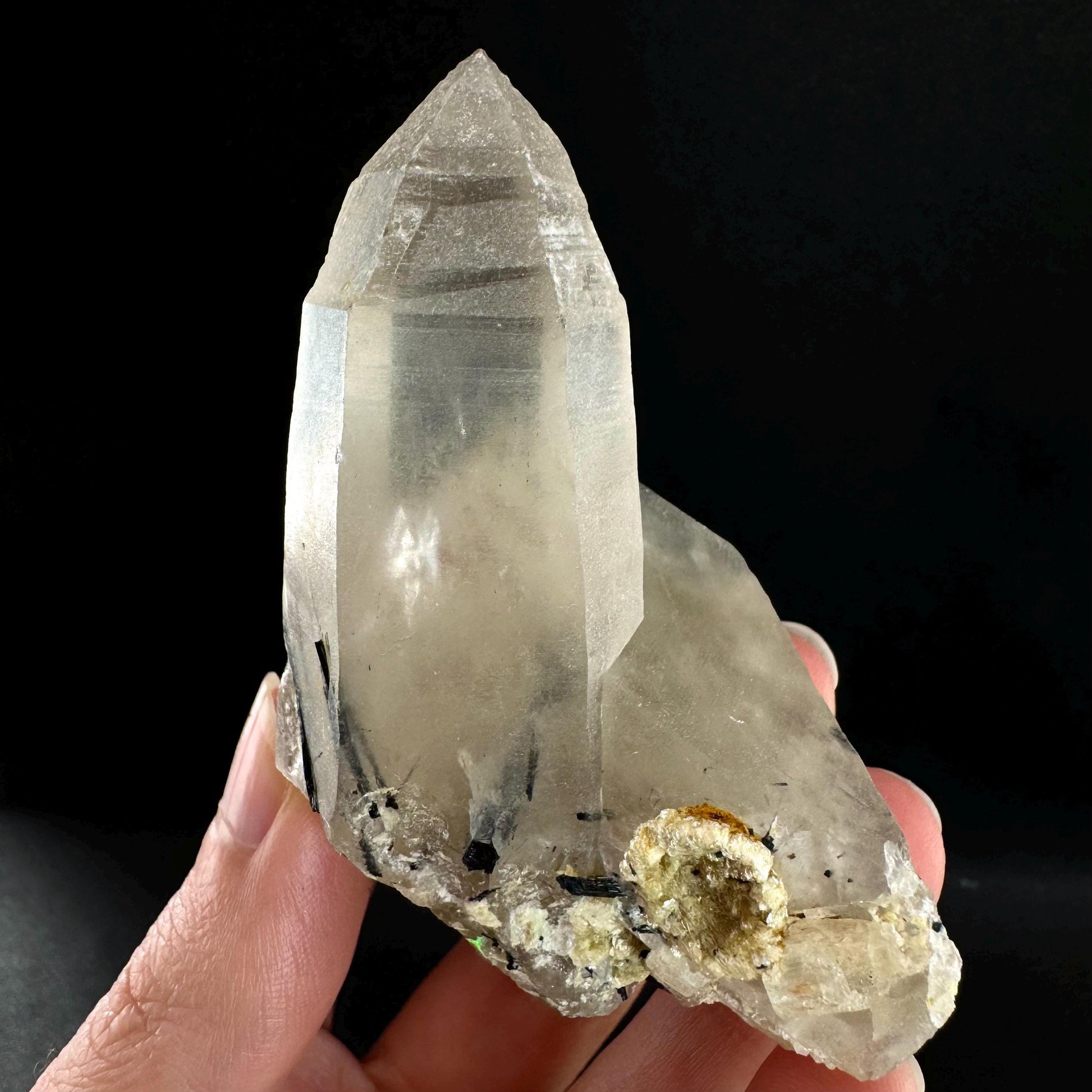 Quartz w/ Black Tourmaline & Hyalite Opal (Erongo, Namibia) | quartz crystal, quartz point, schorl in quartz, mineral specimen