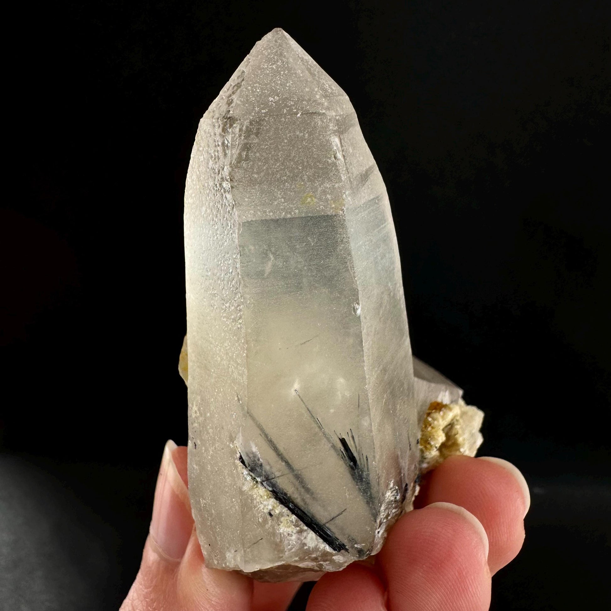 Quartz w/ Black Tourmaline & Hyalite Opal (Erongo, Namibia) | quartz crystal, quartz point, schorl in quartz, mineral specimen