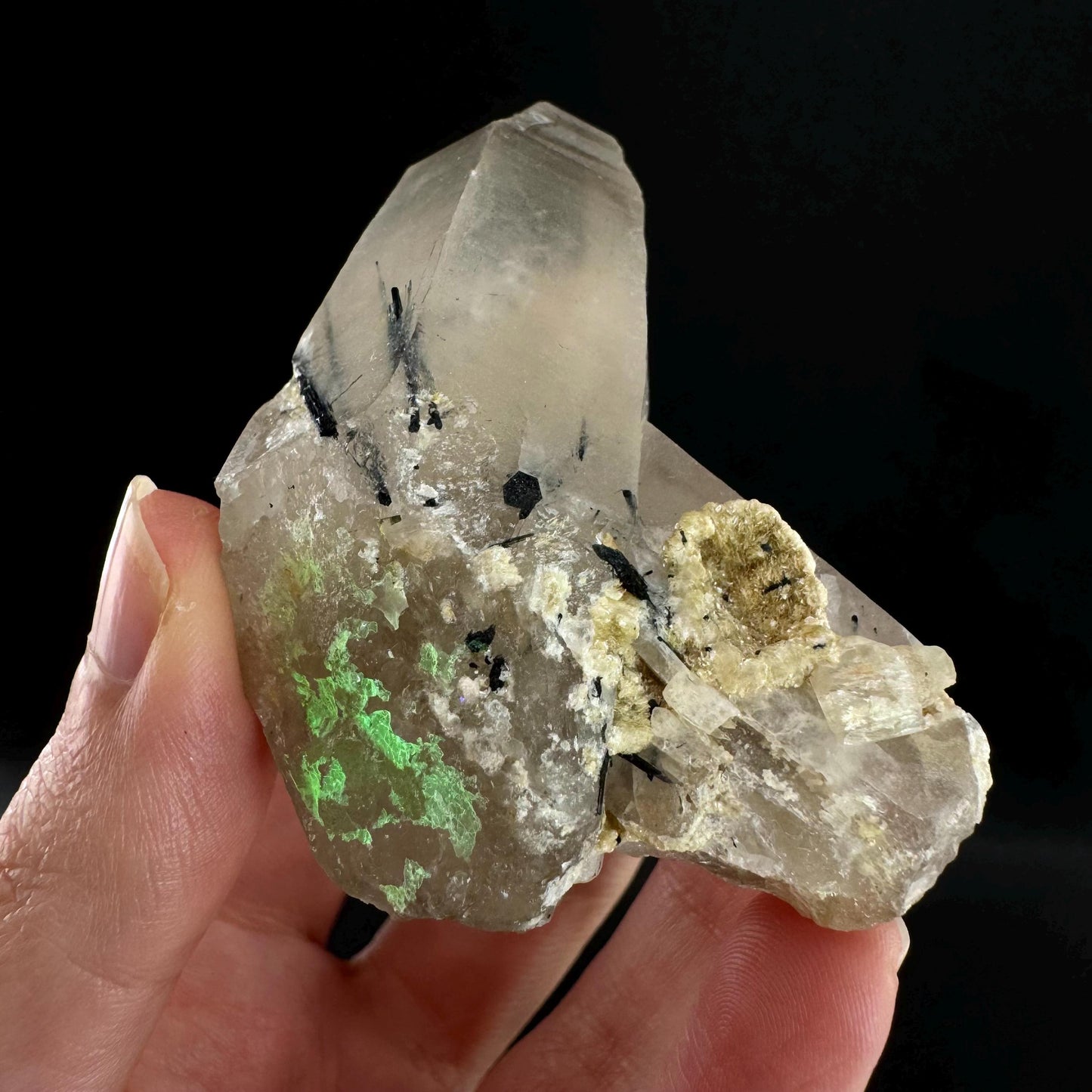 Quartz w/ Black Tourmaline & Hyalite Opal (Erongo, Namibia) | quartz crystal, quartz point, schorl in quartz, mineral specimen
