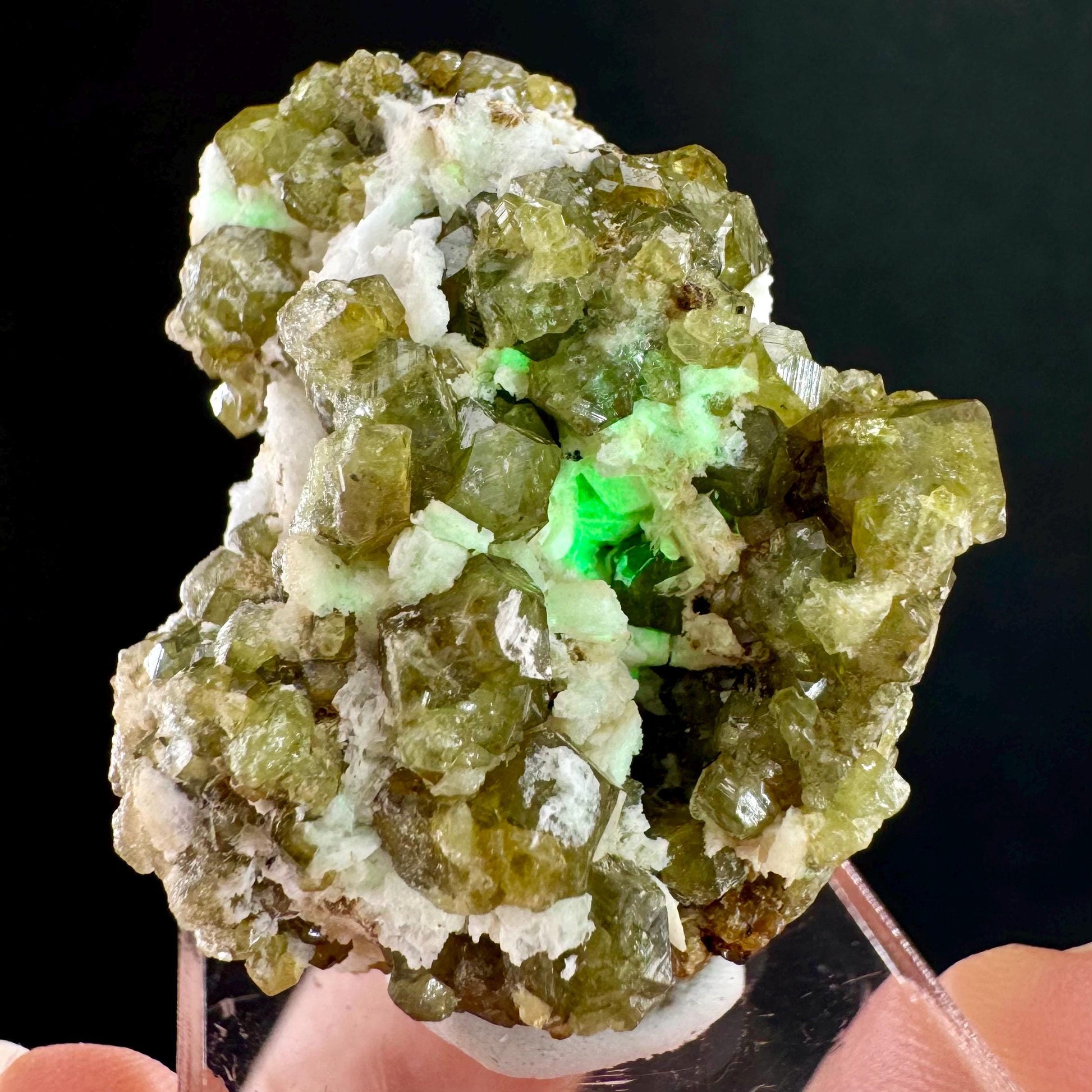 Andradite var. Demantoid w/ Hyalite Opal (Namibia) | green garnet, rare minerals, demantoid garnet, mineral specimen