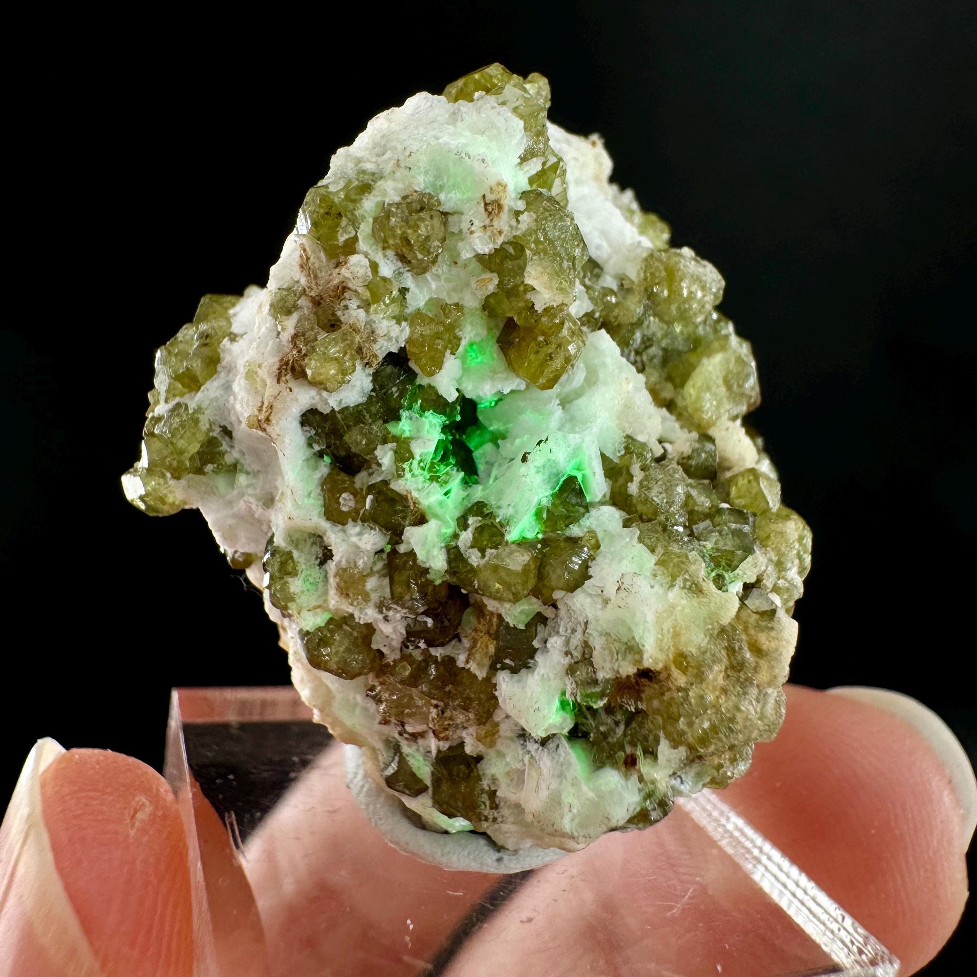 Andradite var. Demantoid w/ Hyalite Opal (Namibia) | green garnet, rare minerals, demantoid garnet, mineral specimen