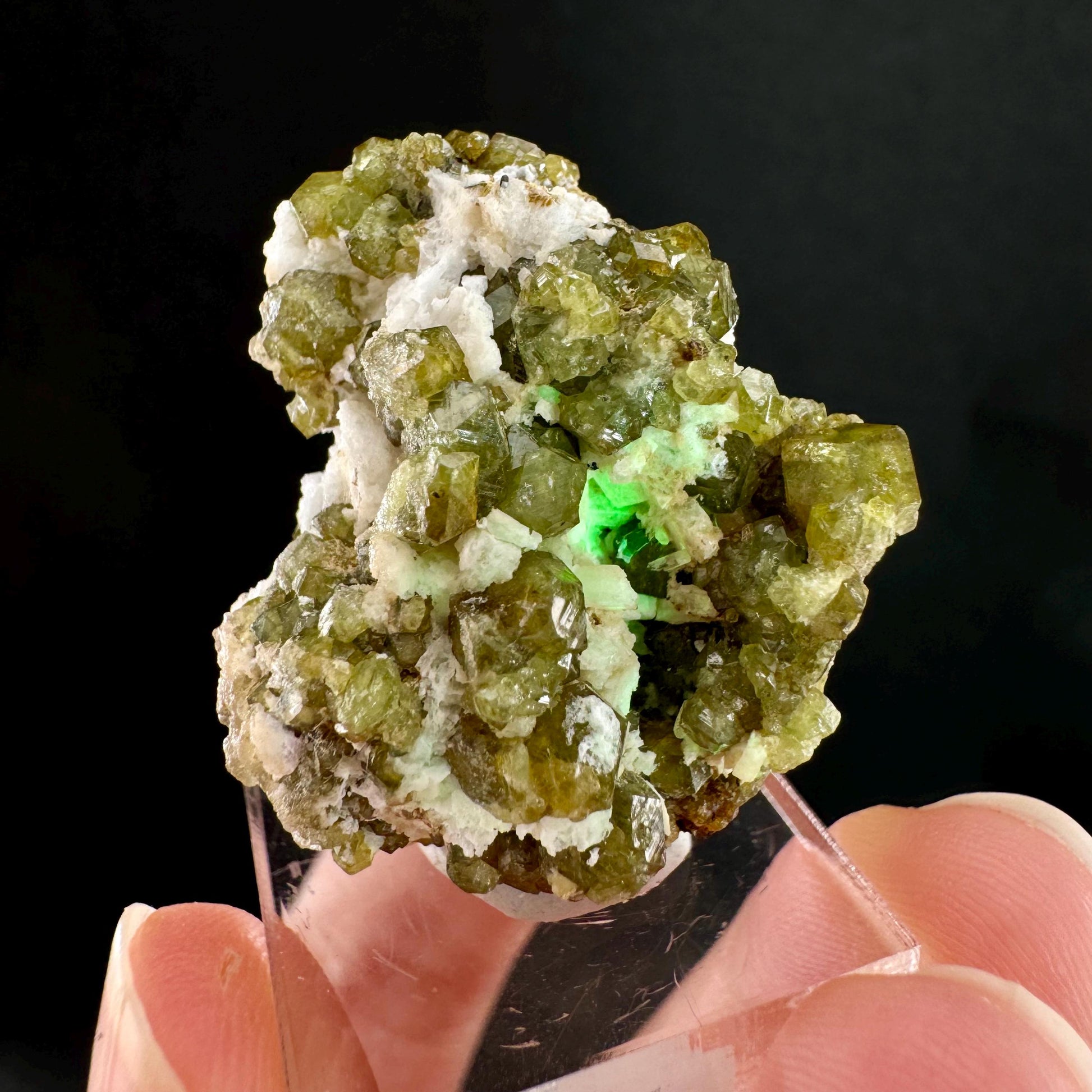 Andradite var. Demantoid w/ Hyalite Opal (Namibia) | green garnet, rare minerals, demantoid garnet, mineral specimen
