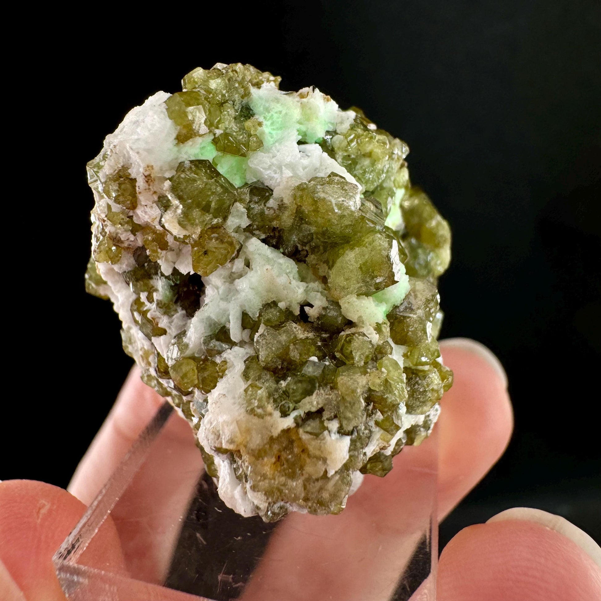 Andradite var. Demantoid w/ Hyalite Opal (Namibia) | green garnet, rare minerals, demantoid garnet, mineral specimen