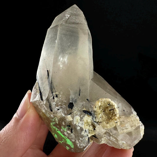 Quartz w/ Black Tourmaline & Hyalite Opal (Erongo, Namibia) | quartz crystal, quartz point, schorl in quartz, mineral specimen