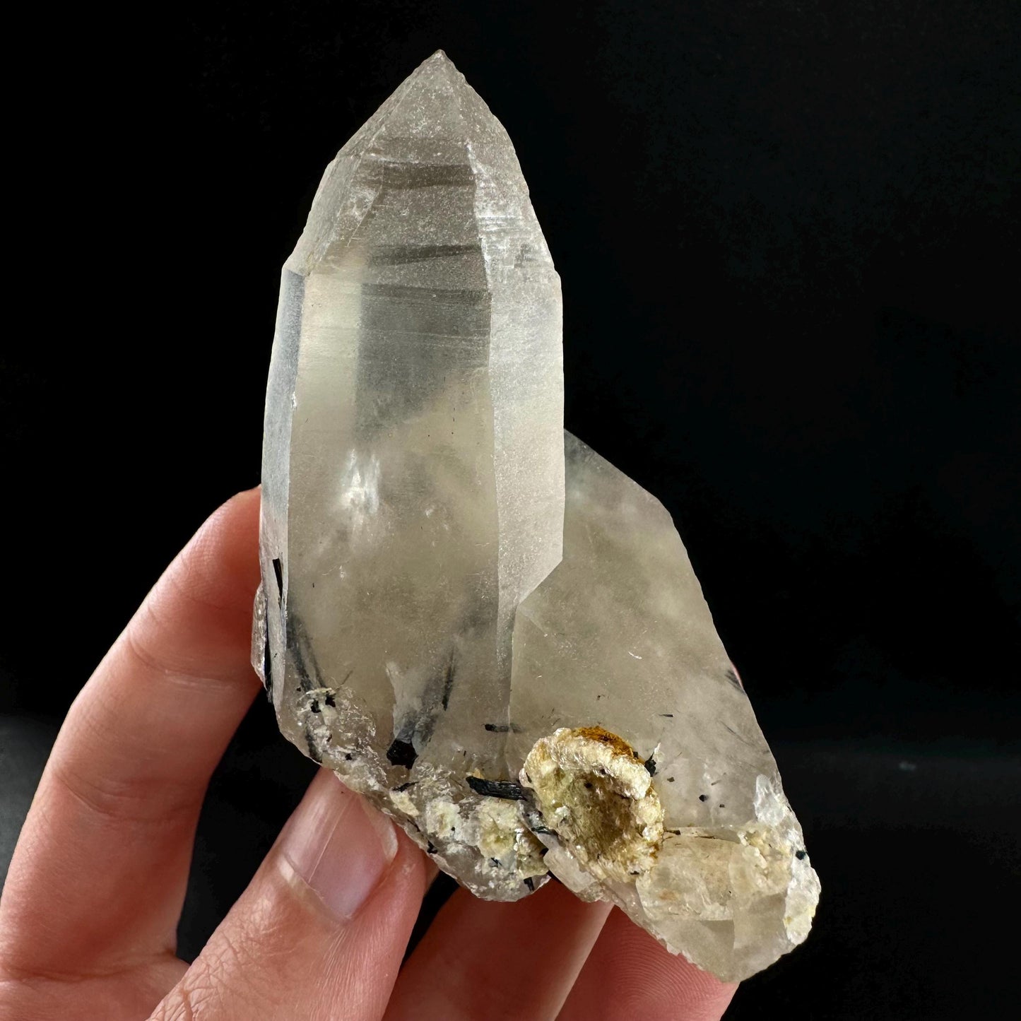 Quartz w/ Black Tourmaline & Hyalite Opal (Erongo, Namibia) | quartz crystal, quartz point, schorl in quartz, mineral specimen
