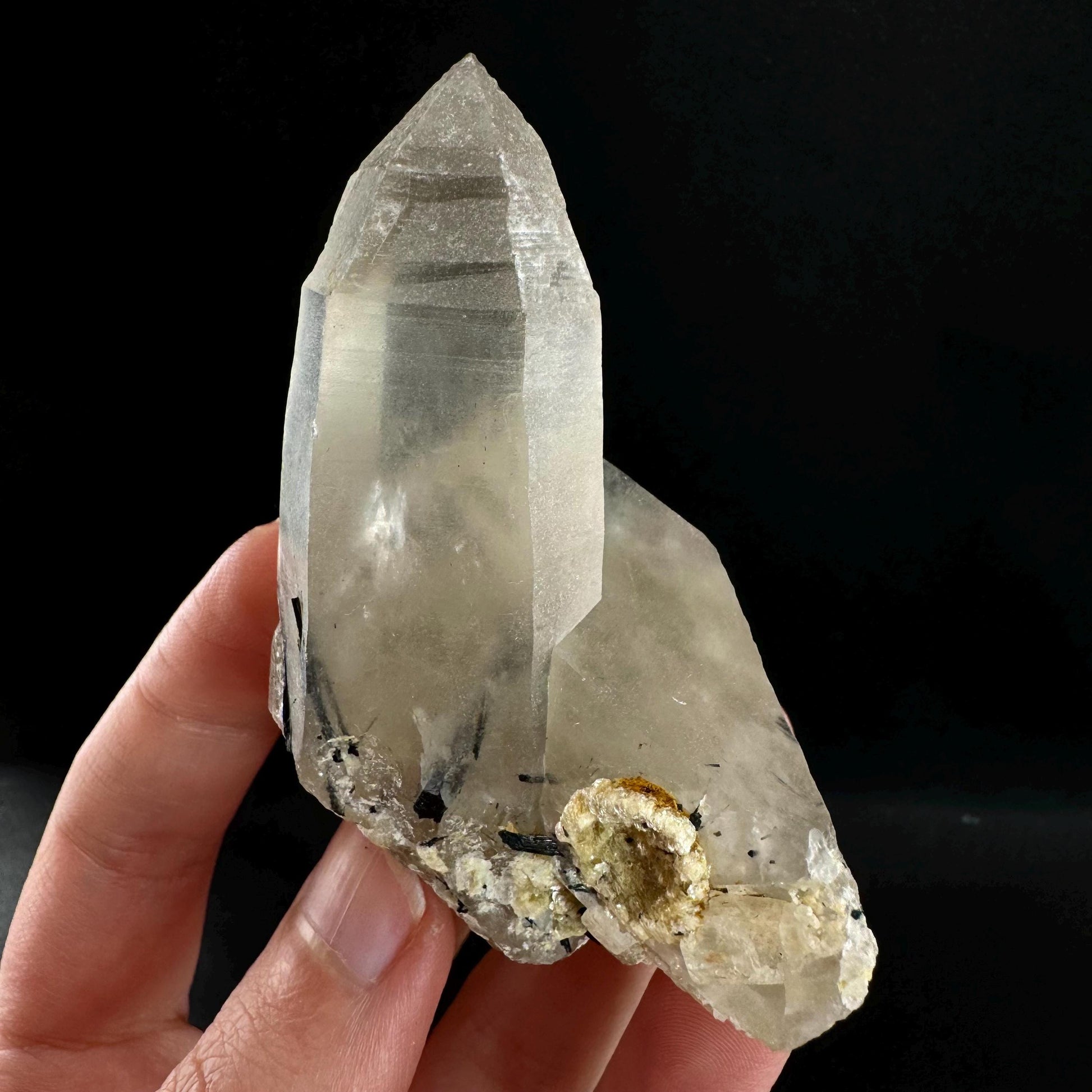 Quartz w/ Black Tourmaline & Hyalite Opal (Erongo, Namibia) | quartz crystal, quartz point, schorl in quartz, mineral specimen