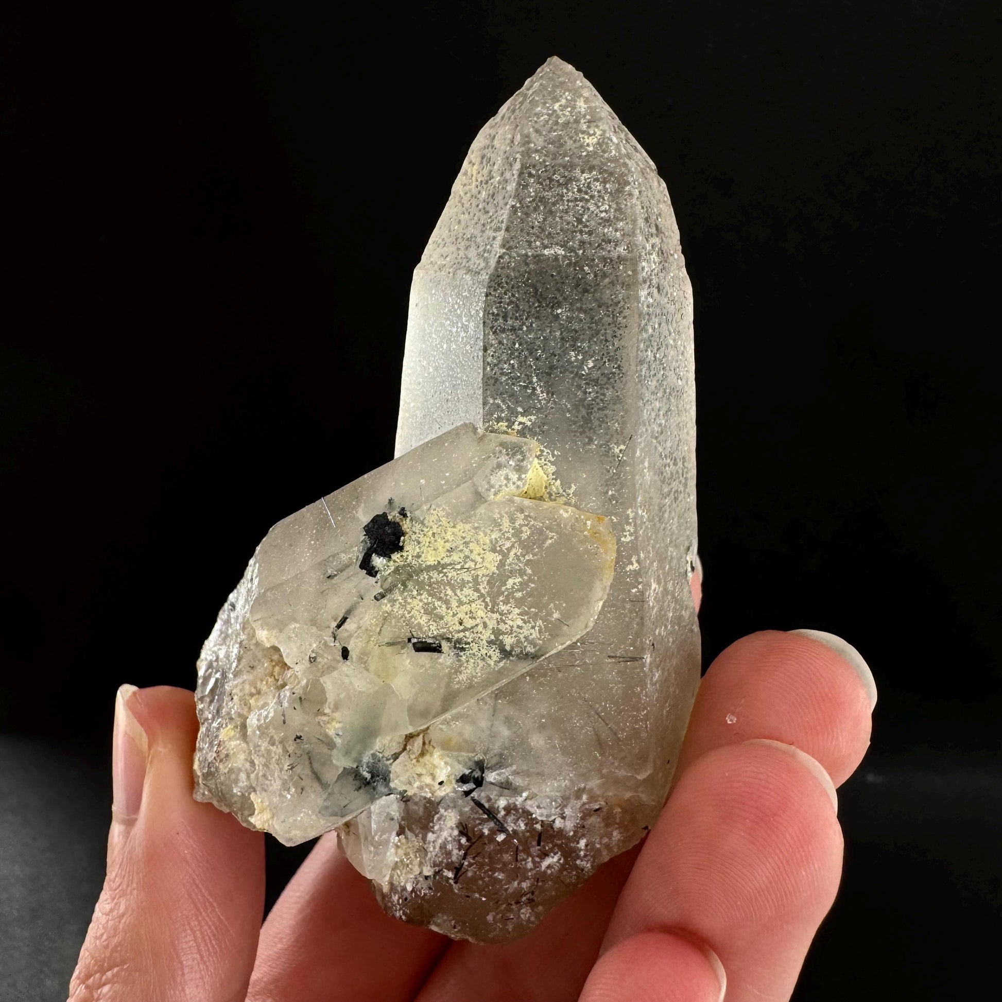 Quartz w/ Black Tourmaline & Hyalite Opal (Erongo, Namibia) | quartz crystal, quartz point, schorl in quartz, mineral specimen