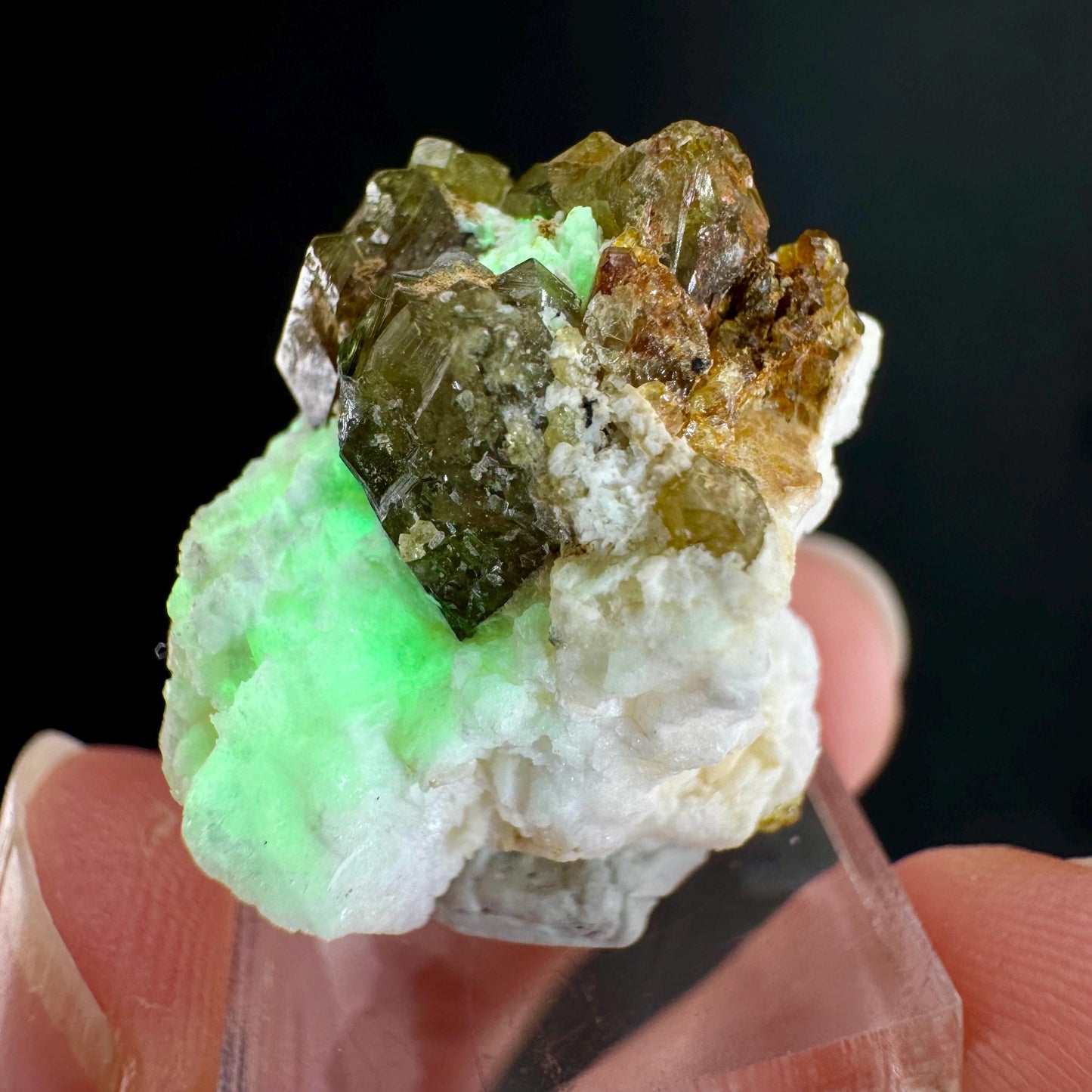 Andradite var. Demantoid w/ Hyalite Opal (Namibia) | green garnet, rare minerals, demantoid garnet, mineral specimen