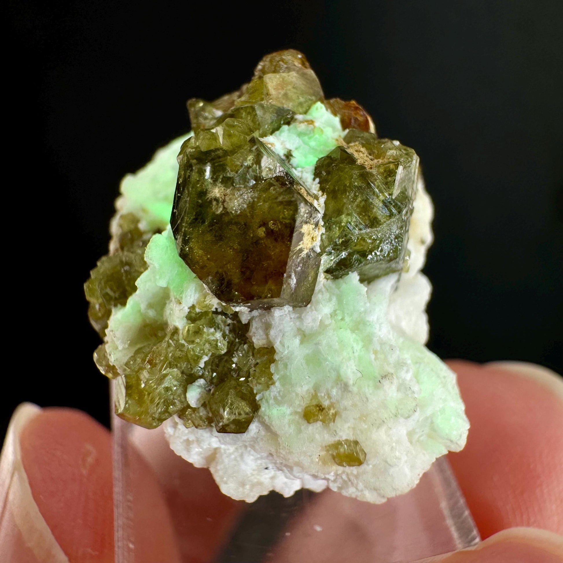 Andradite var. Demantoid w/ Hyalite Opal (Namibia) | green garnet, rare minerals, demantoid garnet, mineral specimen