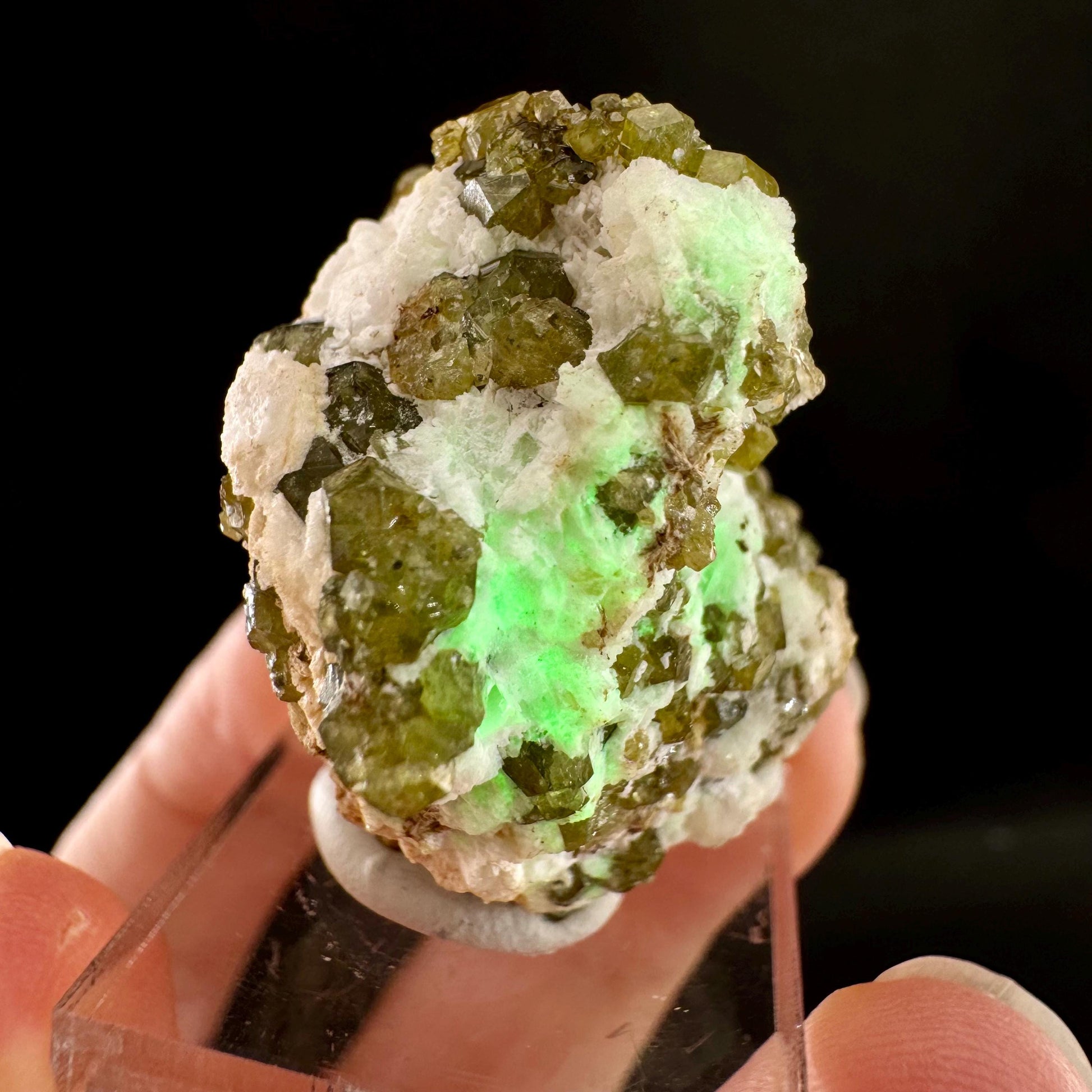 Andradite var. Demantoid w/ Hyalite Opal (Namibia) | green garnet, rare minerals, demantoid garnet, mineral specimen