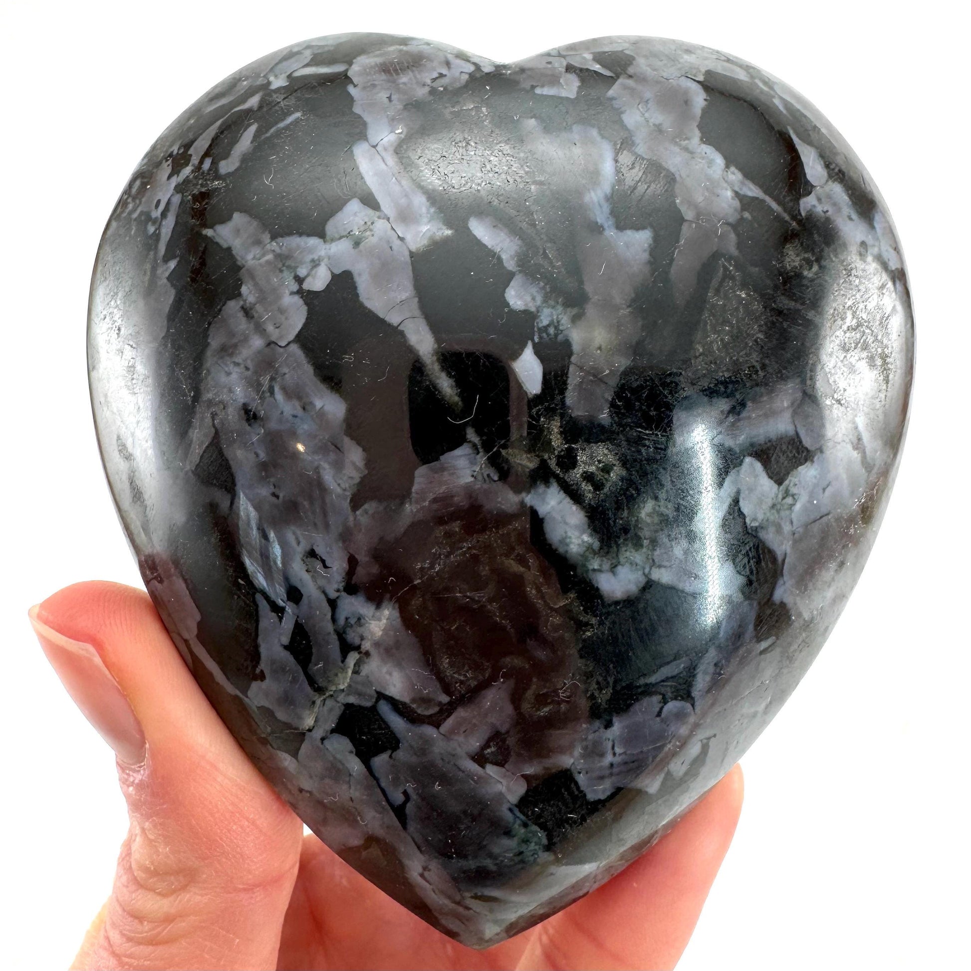 Indigo Gabbro Heart, merlinite heart, Gabbro Palm stone, Merlinite palm stone, Indigo Gabbro, crystal heart