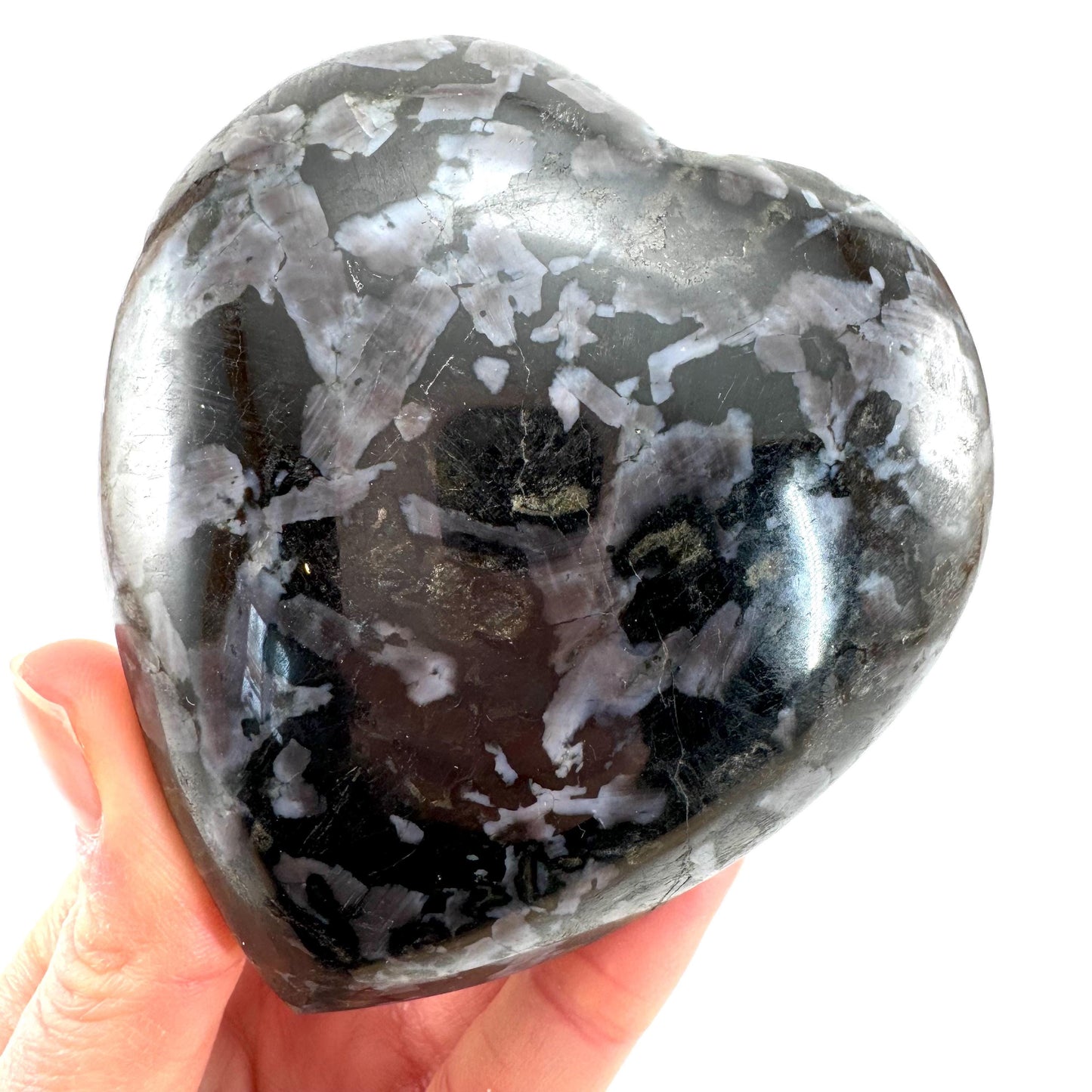 Indigo Gabbro Heart, merlinite heart, Gabbro Palm stone, Merlinite palm stone, Indigo Gabbro, crystal heart