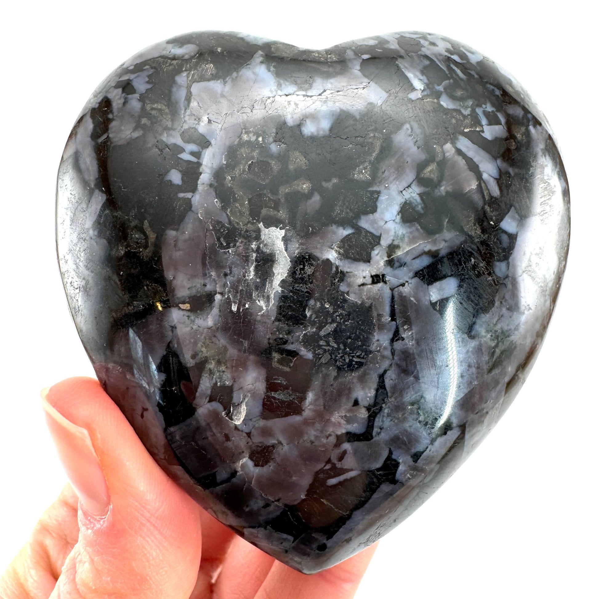Indigo Gabbro Heart, merlinite heart, Gabbro Palm stone, Merlinite palm stone, Indigo Gabbro, crystal heart