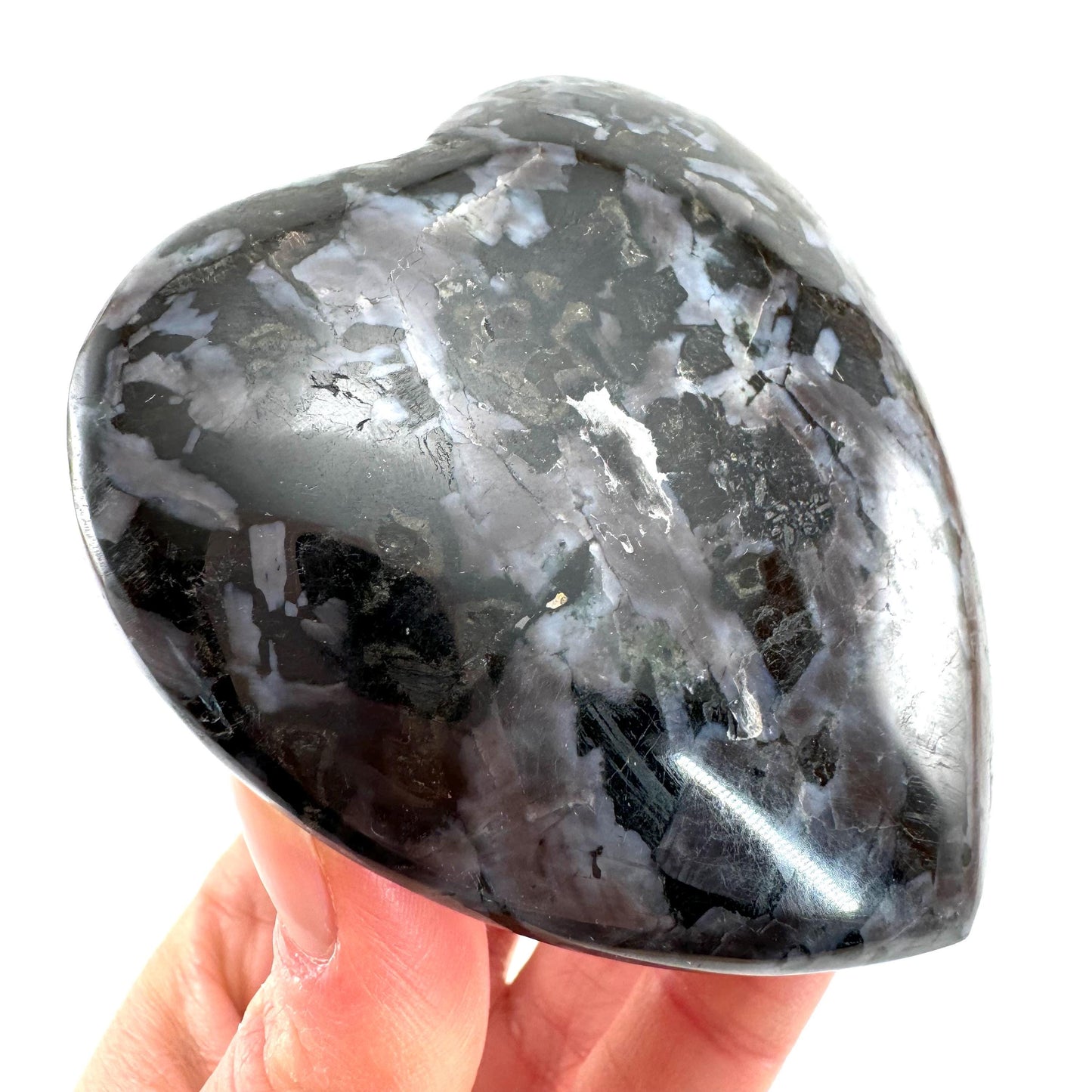 Indigo Gabbro Heart, merlinite heart, Gabbro Palm stone, Merlinite palm stone, Indigo Gabbro, crystal heart