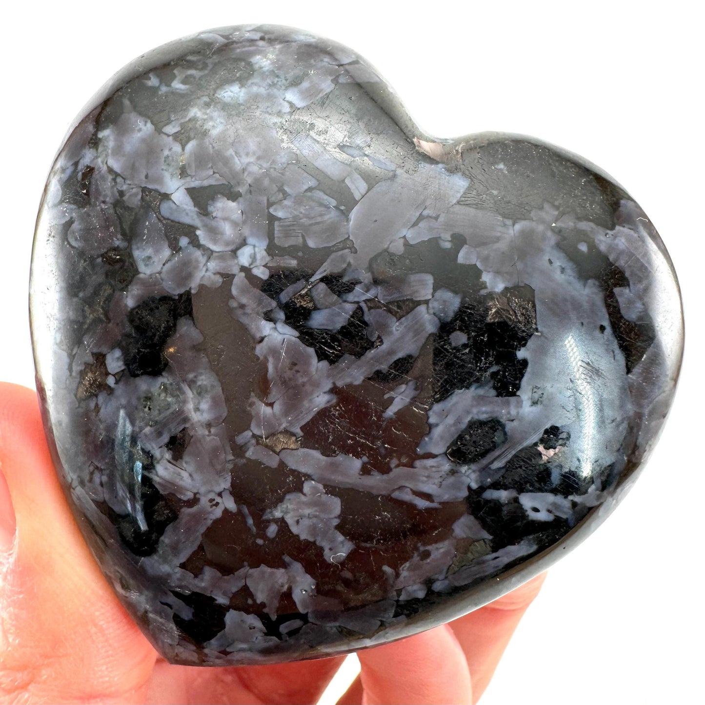 Indigo Gabbro Heart, merlinite heart, Gabbro Palm stone, Merlinite palm stone, Indigo Gabbro, crystal heart
