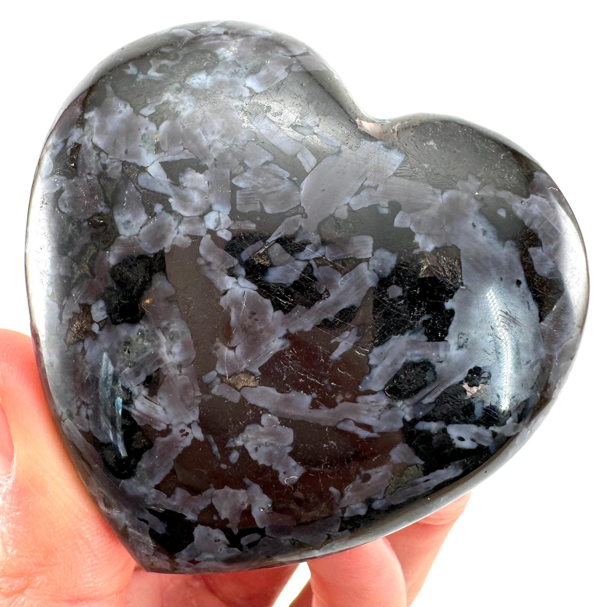 Indigo Gabbro Heart, merlinite heart, Gabbro Palm stone, Merlinite palm stone, Indigo Gabbro, crystal heart